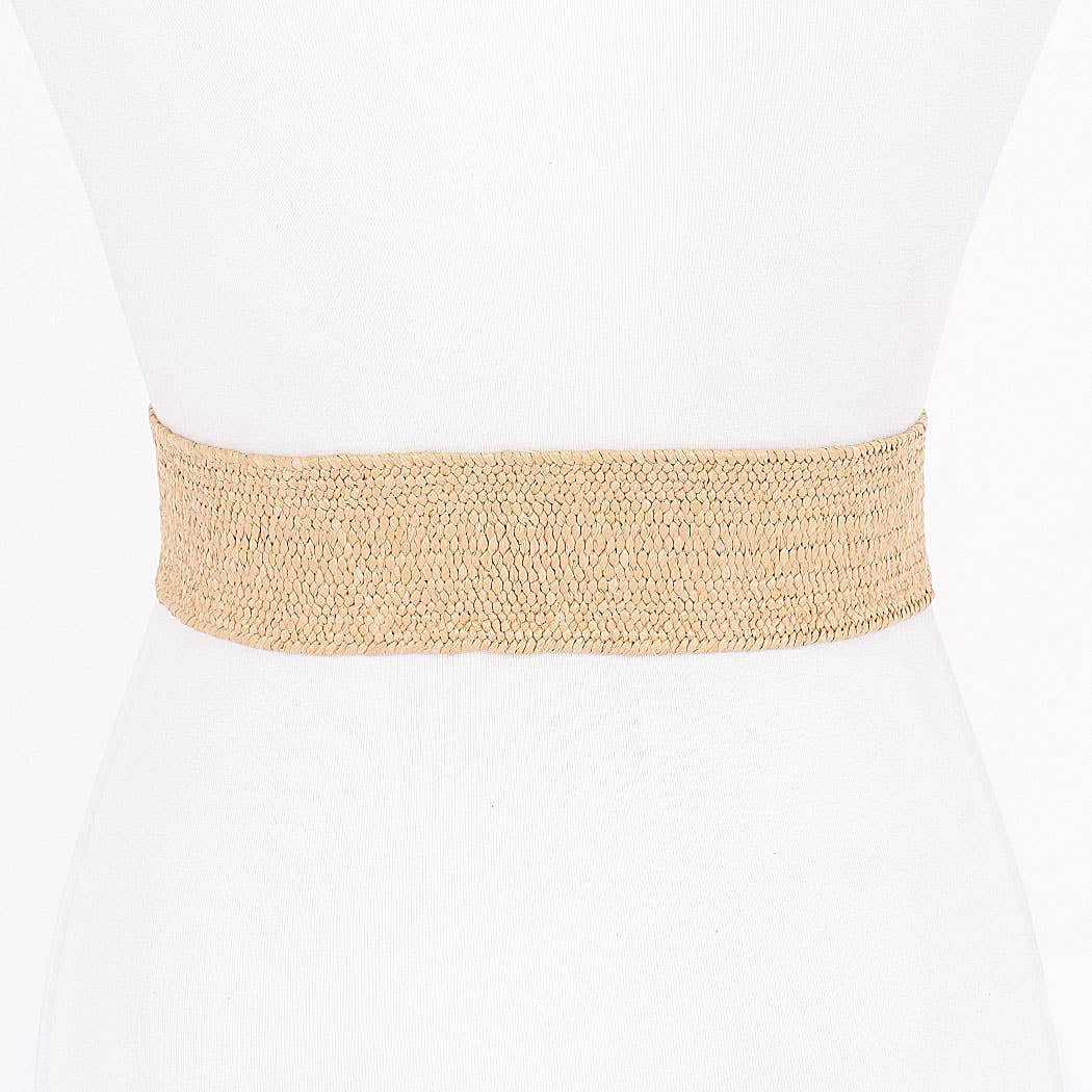 Metal Buckle Elastic Faux Straw Belt