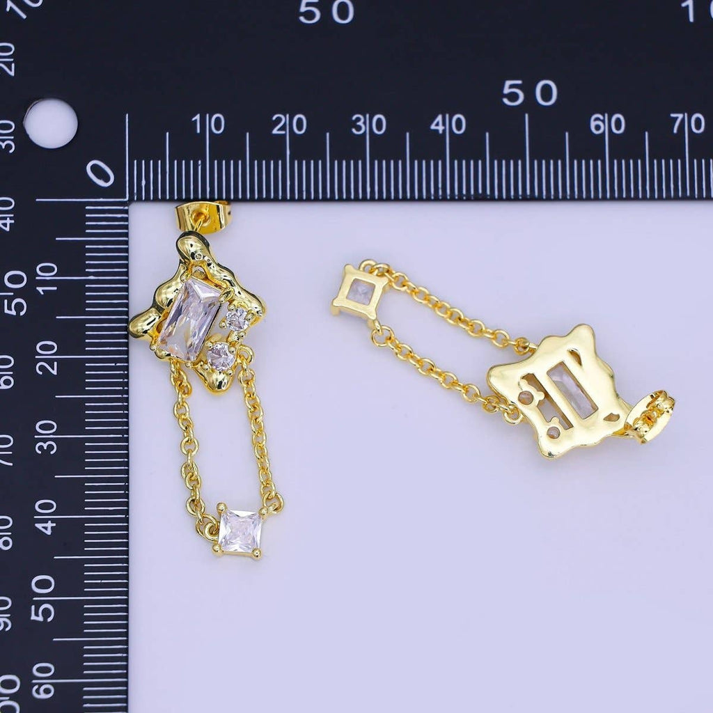 24K Gold Filled Clear Baguette Molten Chain Drop Stud Earrings | AI501