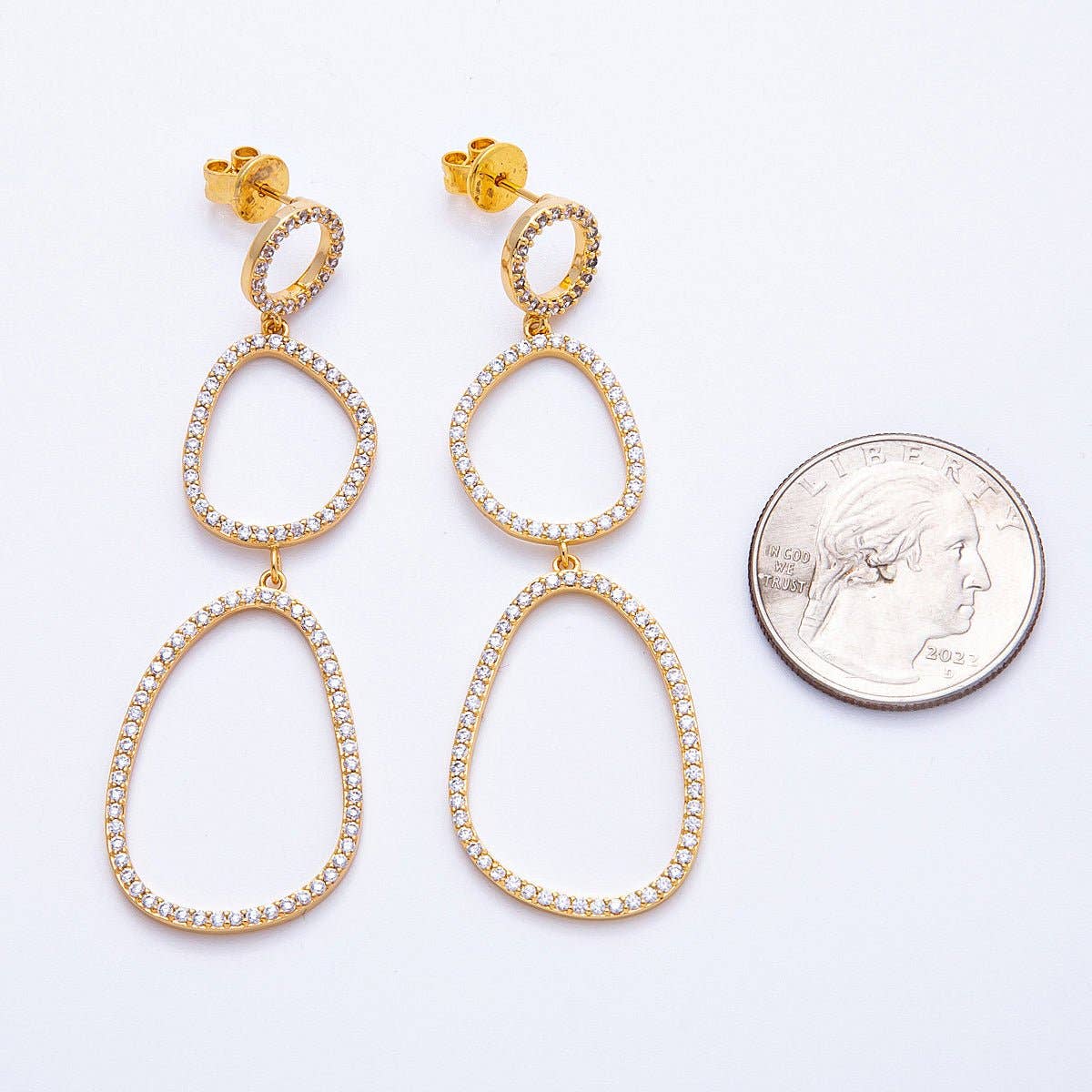 18K Gold Filled 66mm Micro Paved CZ Open Irregular Geometric Drop Studs | Earrings-00204
