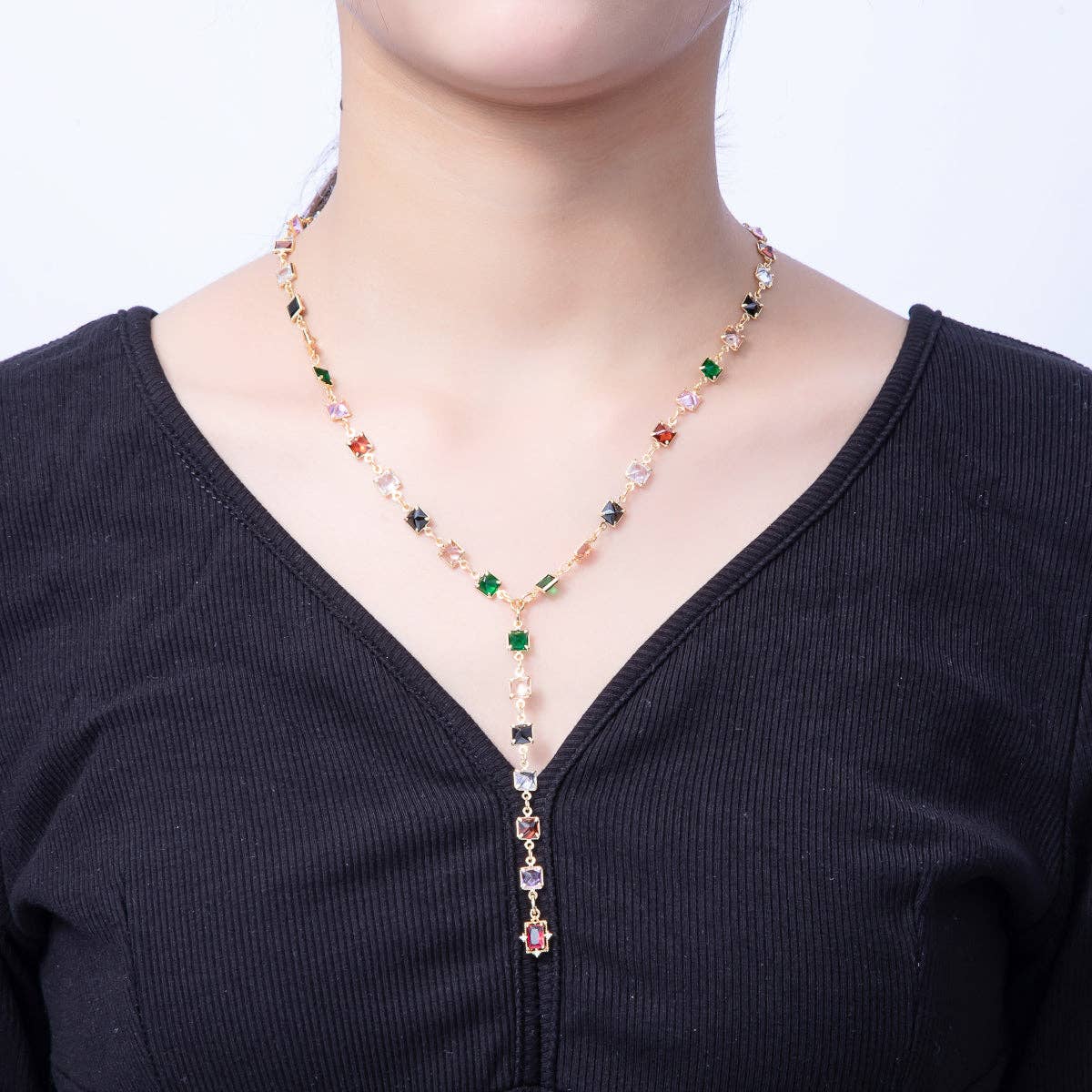 18K Gold Filled 5.7mm Multicolor Square CZ Gemstone Lariat 18 Inch Necklace w. Extender | WA-3940