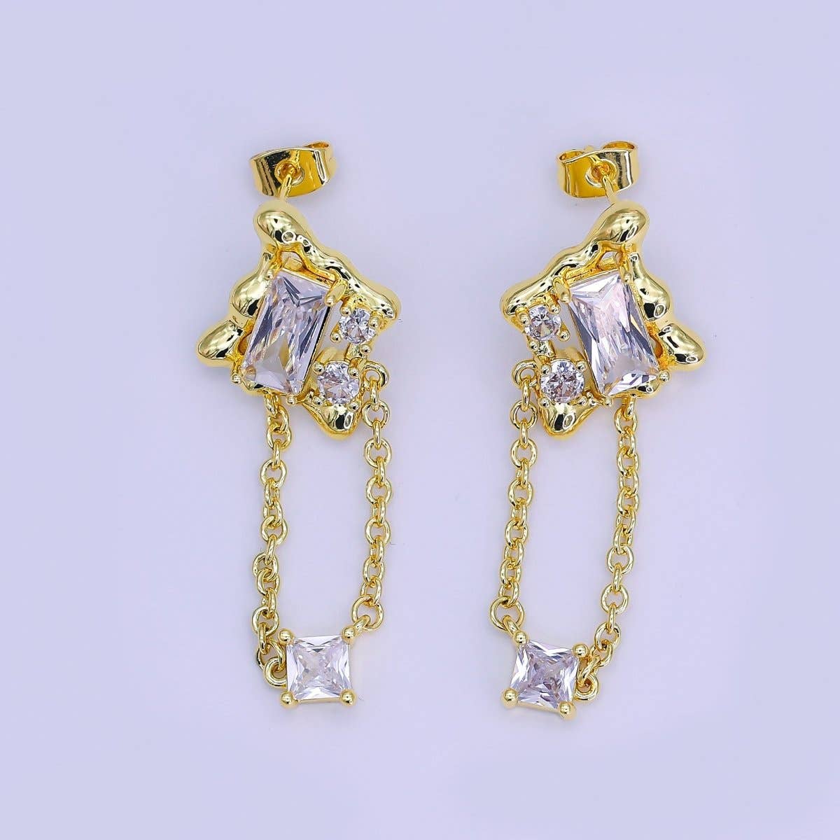24K Gold Filled Clear Baguette Molten Chain Drop Stud Earrings | AI501