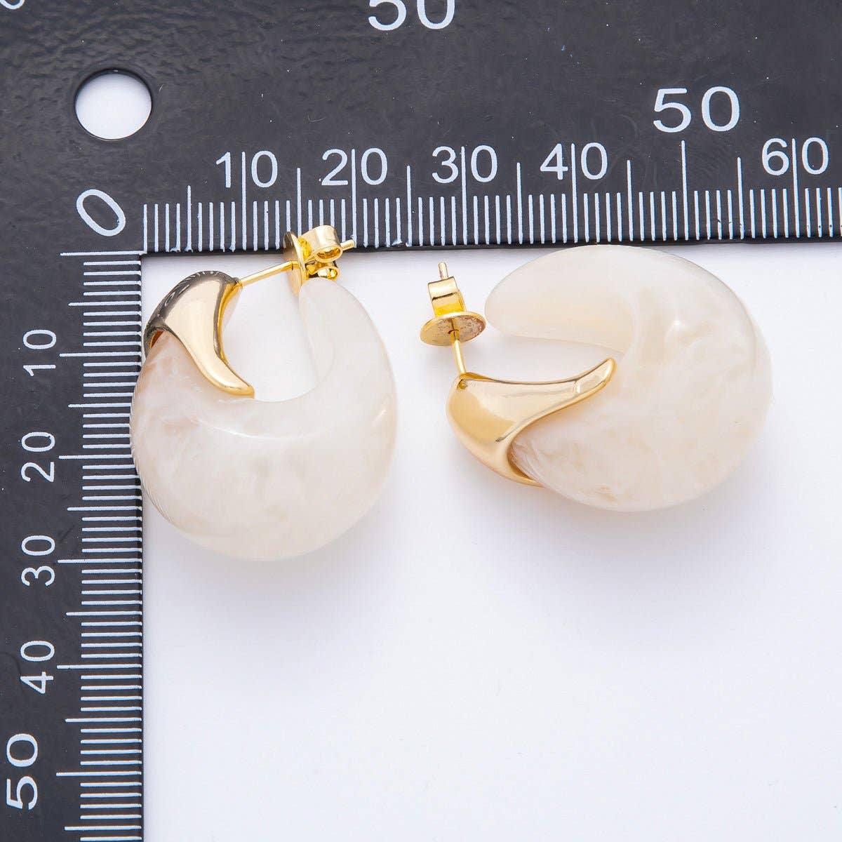 18K Gold Filled 35mm Blue, White, Brown Resin J-Shaped Hoop Earrings | AJ249 - AJ252