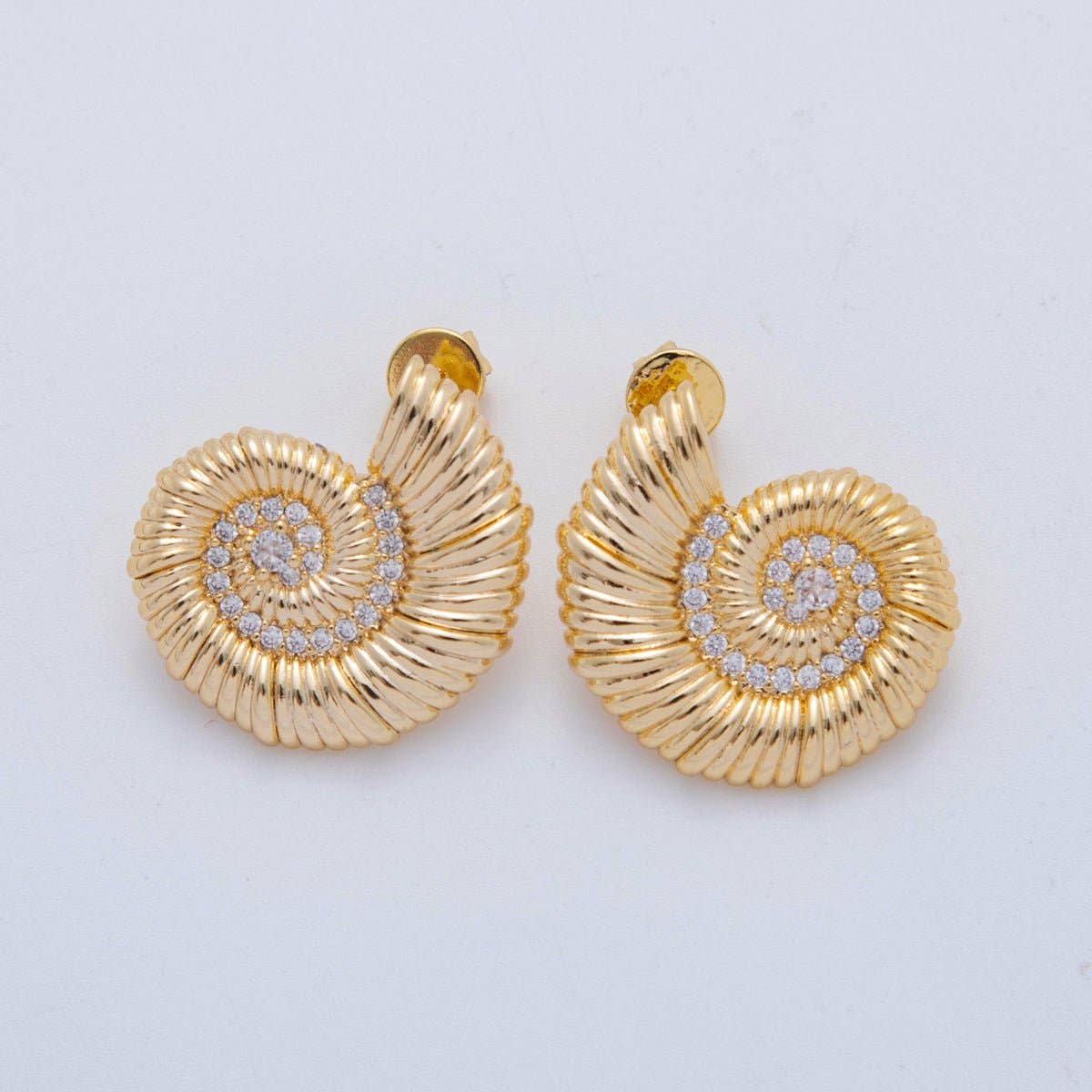 18K Gold Filled Micro Paved CZ Spiral Shell Stud Earrings | AJ147