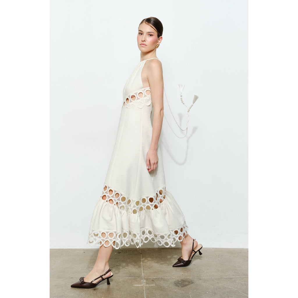 Chic Textured Lace Halter Tassel Draped Midi Dress