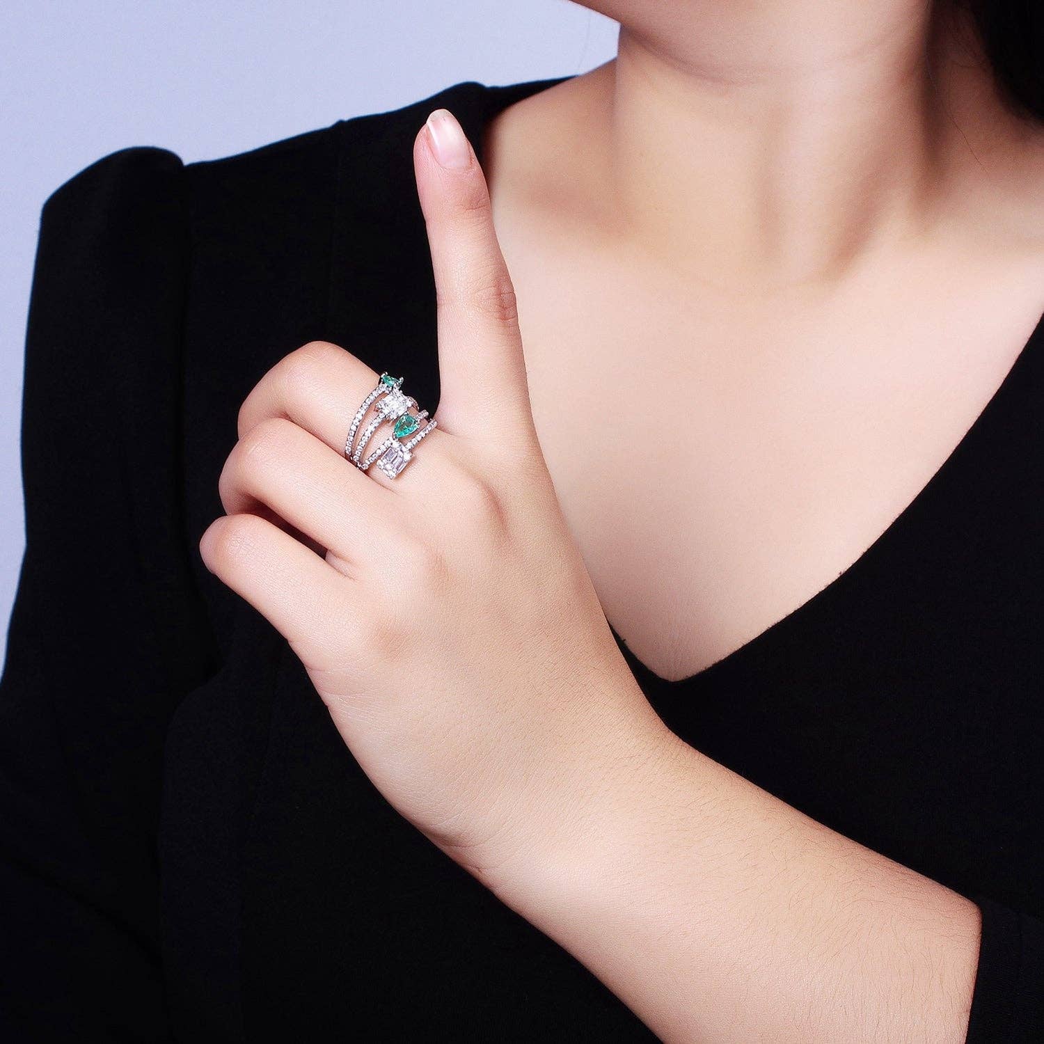 Aqua Tear Drop CZ Gold Wrap Baguette Stacking Ring