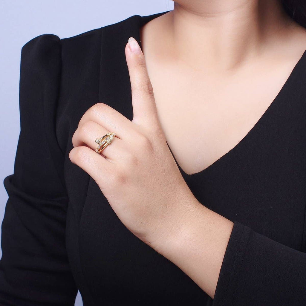 Clear Micro Paved Baguette Adjustable Nail Ring in Gold & Silver |  O-258