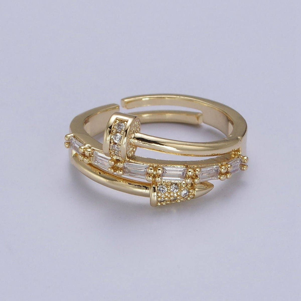 Clear Micro Paved Baguette Adjustable Nail Ring in Gold & Silver |  O-258