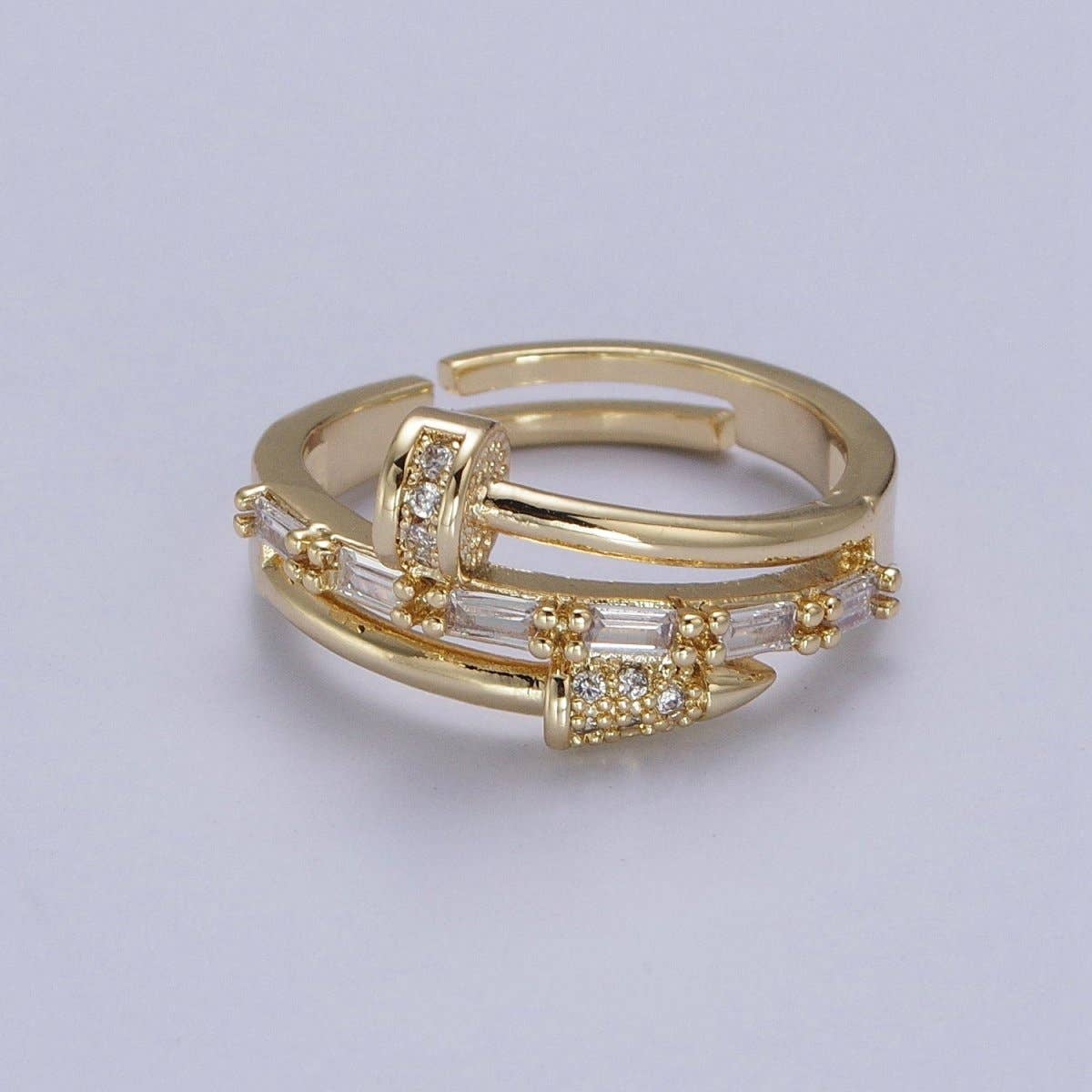 Clear Micro Paved Baguette Adjustable Nail Ring in Gold & Silver |  O-258