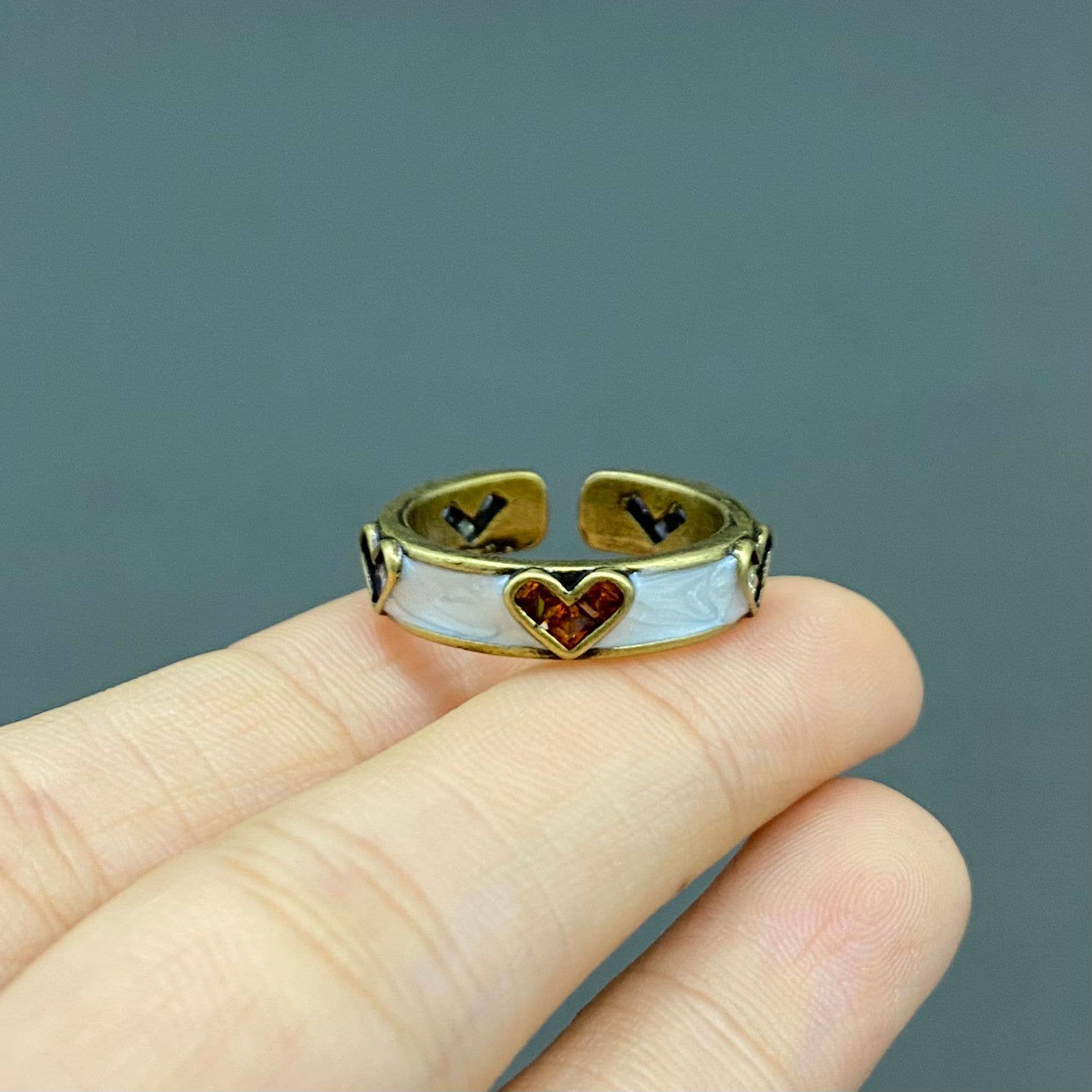 Vintage Multi Color Rhinestone Heart Enamel Bronze Ring
