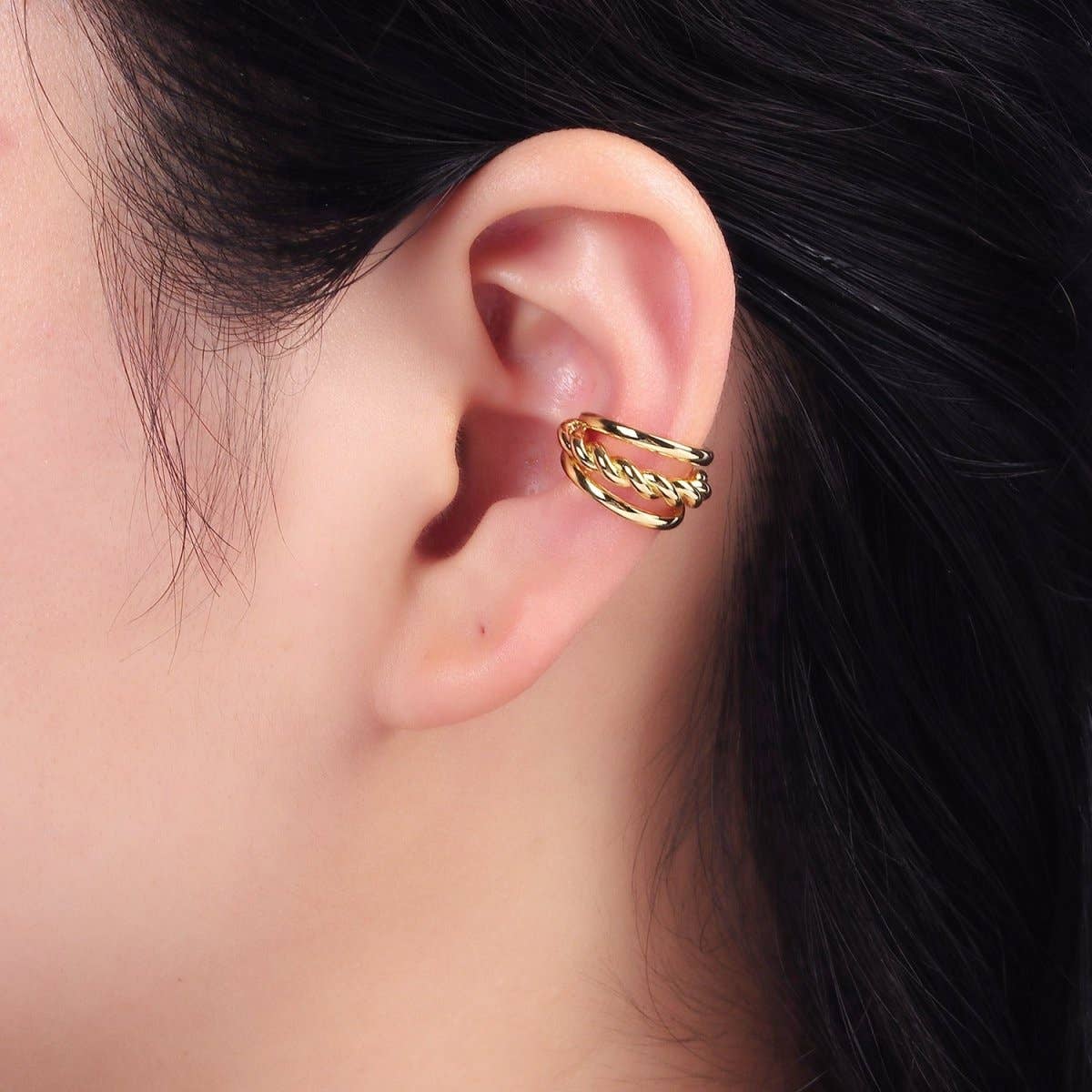 14K Gold Filled Twist Croissant Triple Band Minimalist Ear Cuff Earrings | AI157