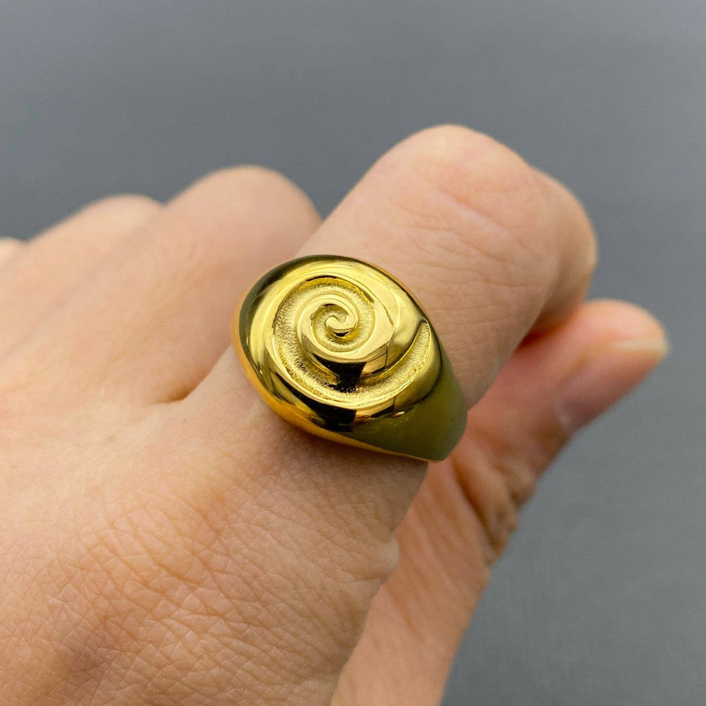 18K Gold Plated Stainless Steel Glossy Vortex Signet Ring - FGS
