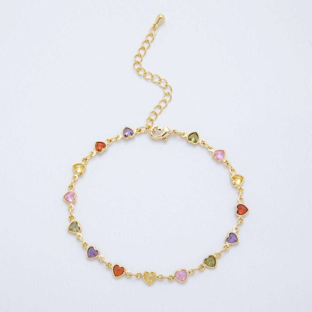 18K Gold Filled Clear, Multicolor, Red CZ Heart Star Sideway Straight 7 Inch Bracelet | WA-03781 ~ WA-03782