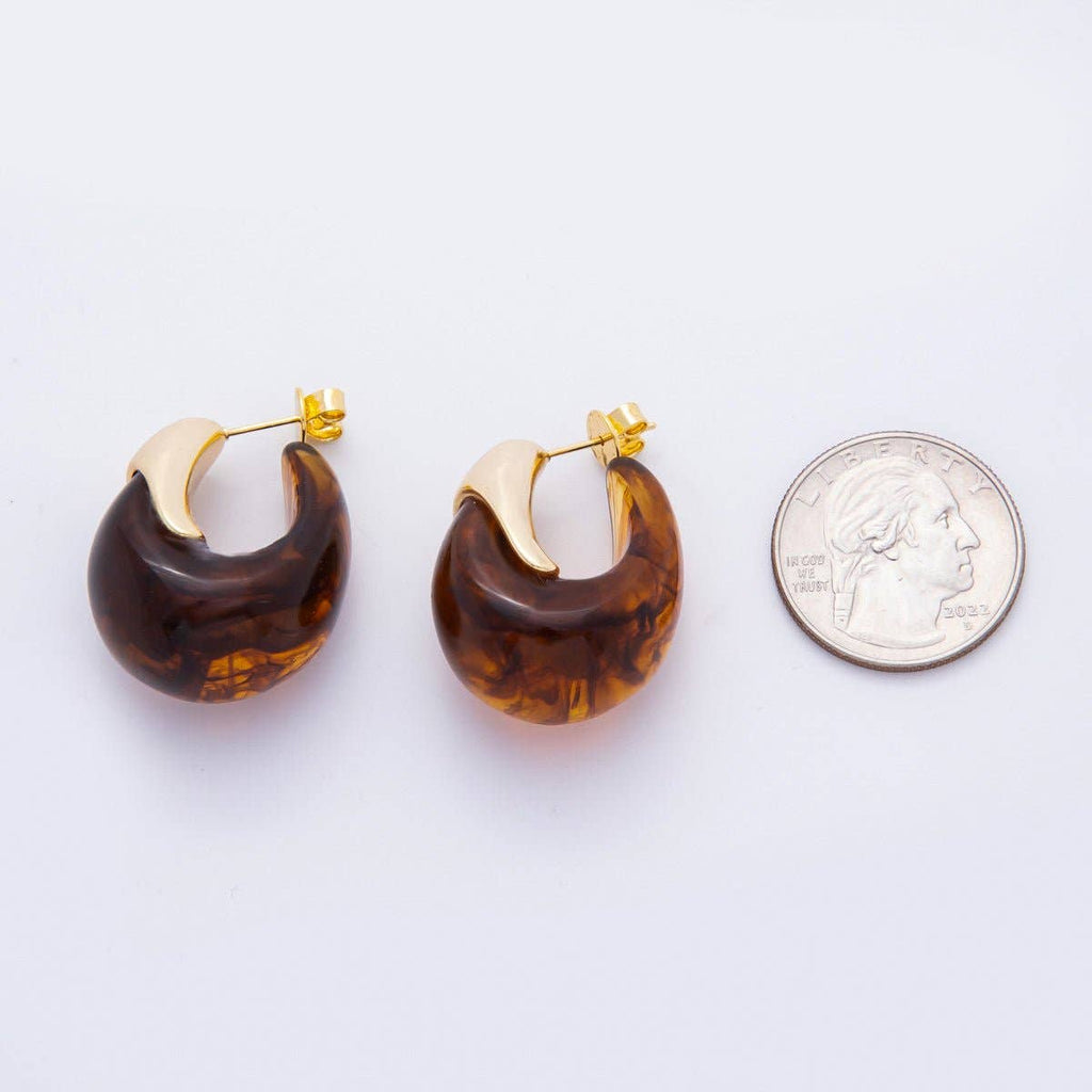 18K Gold Filled 35mm Blue, White, Brown Resin J-Shaped Hoop Earrings | AJ249 - AJ252