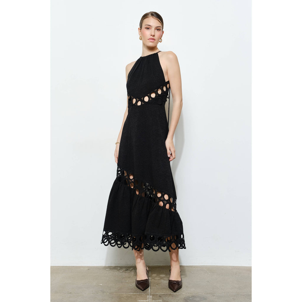 Chic Textured Lace Halter Tassel Draped Midi Dress