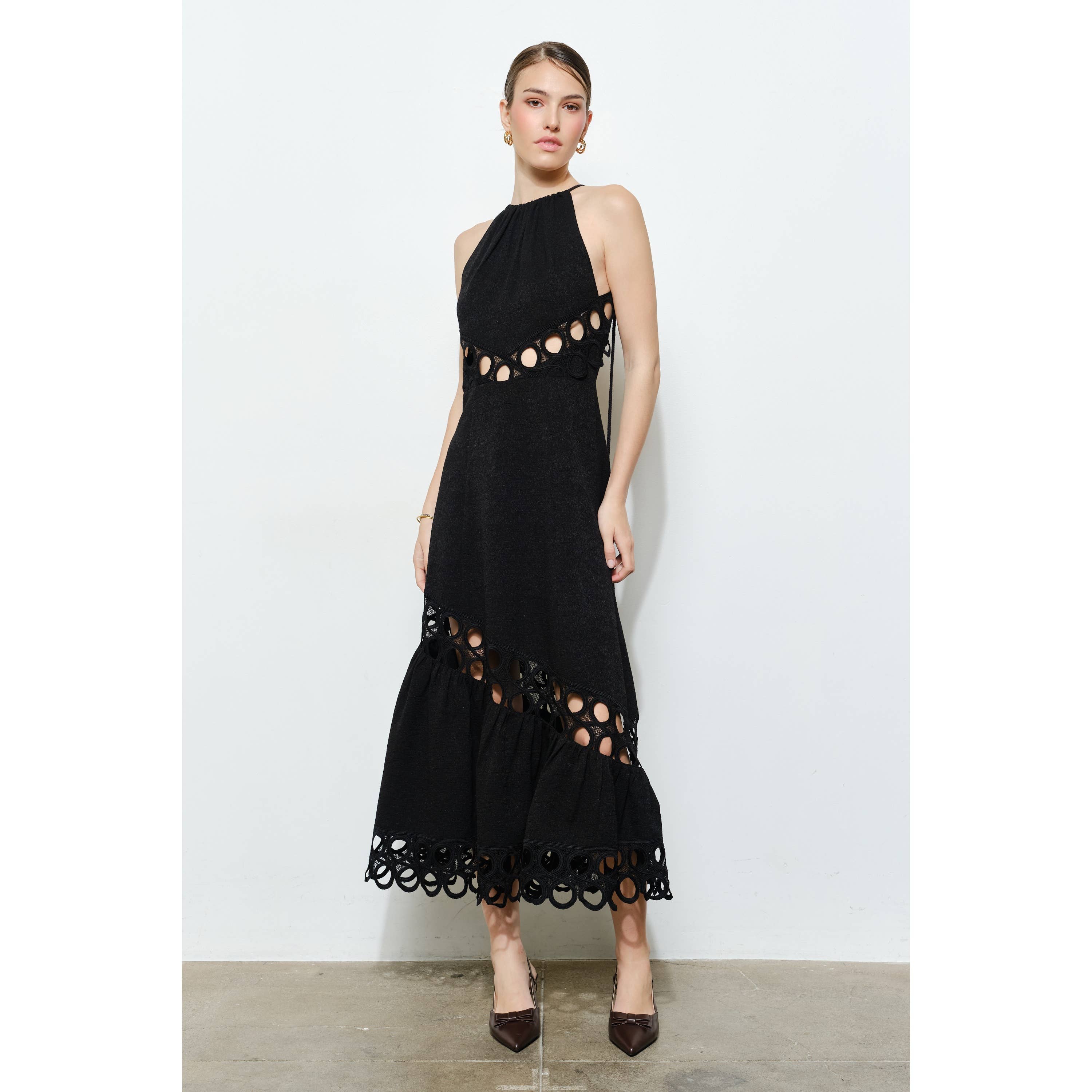 Chic Textured Lace Halter Tassel Draped Midi Dress