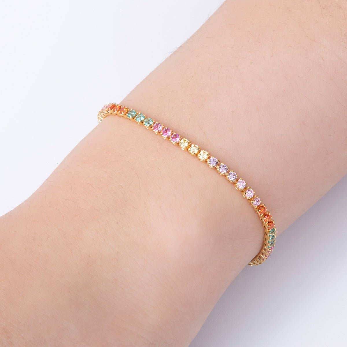 18K Gold Filled 2.5mm Multicolor CZ Tennis Chain 8 Inch Bracelet w. Extender | WA-04198