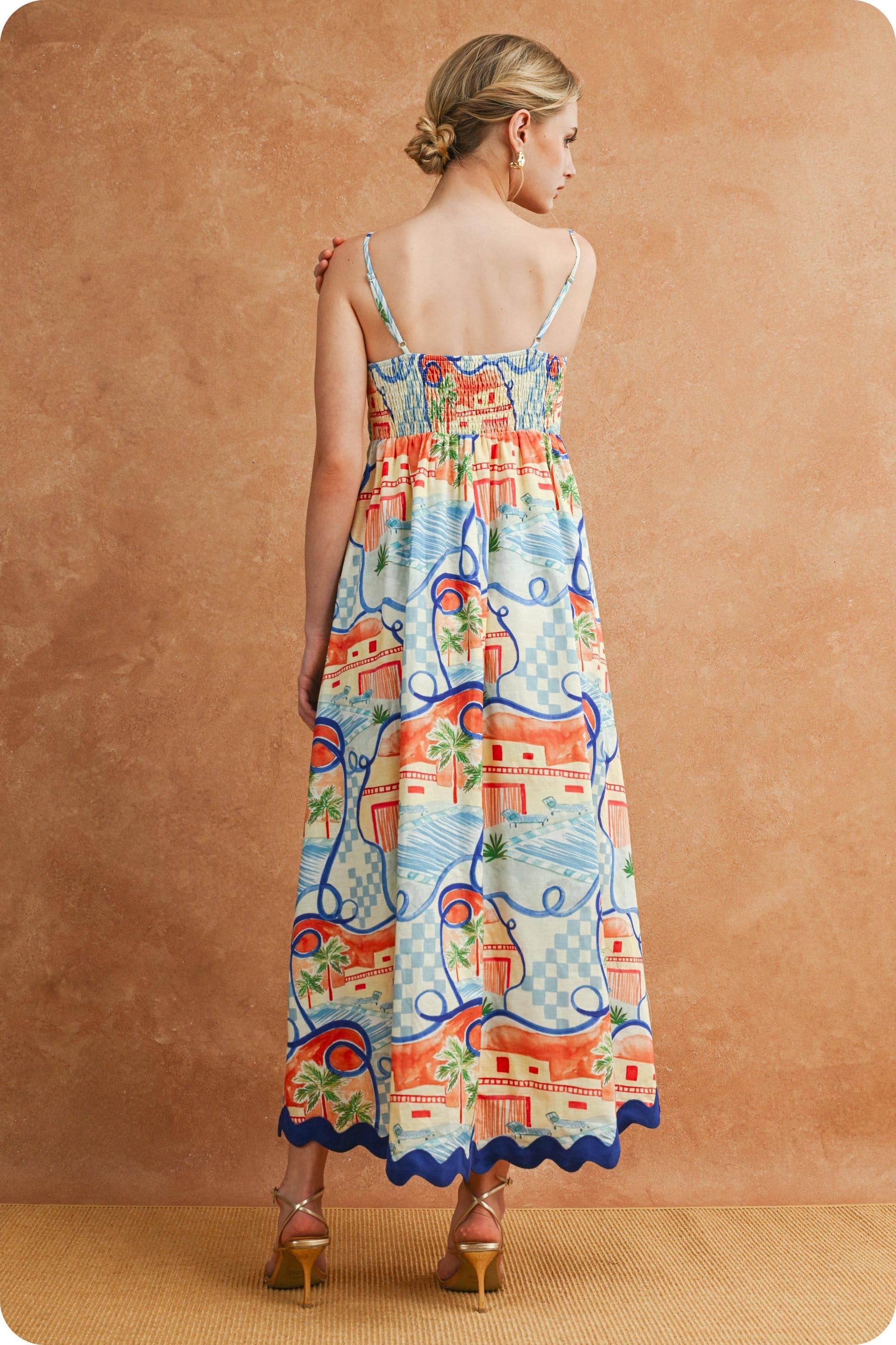 Riviera Dream Scalloped Sleeveless Midi Dress