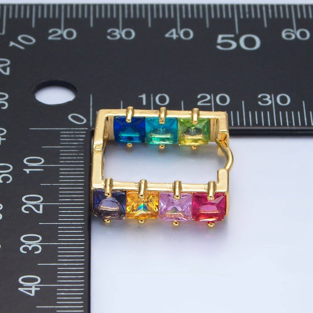 24K Gold Filled Multicolor Square CZ Front-Facing Square Huggie Earrings | AD768