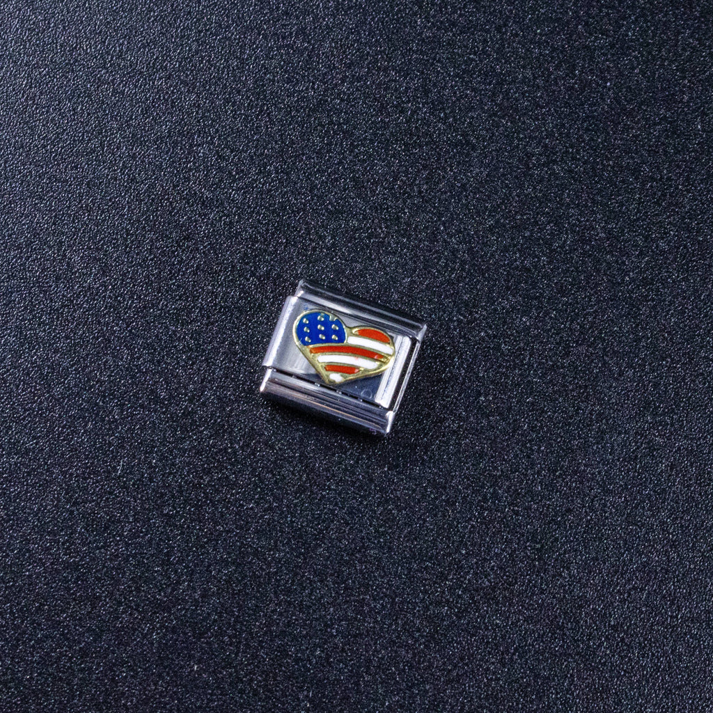 Italian Charms - USA Heart Flag, 9mm Enamel Bracelet Links