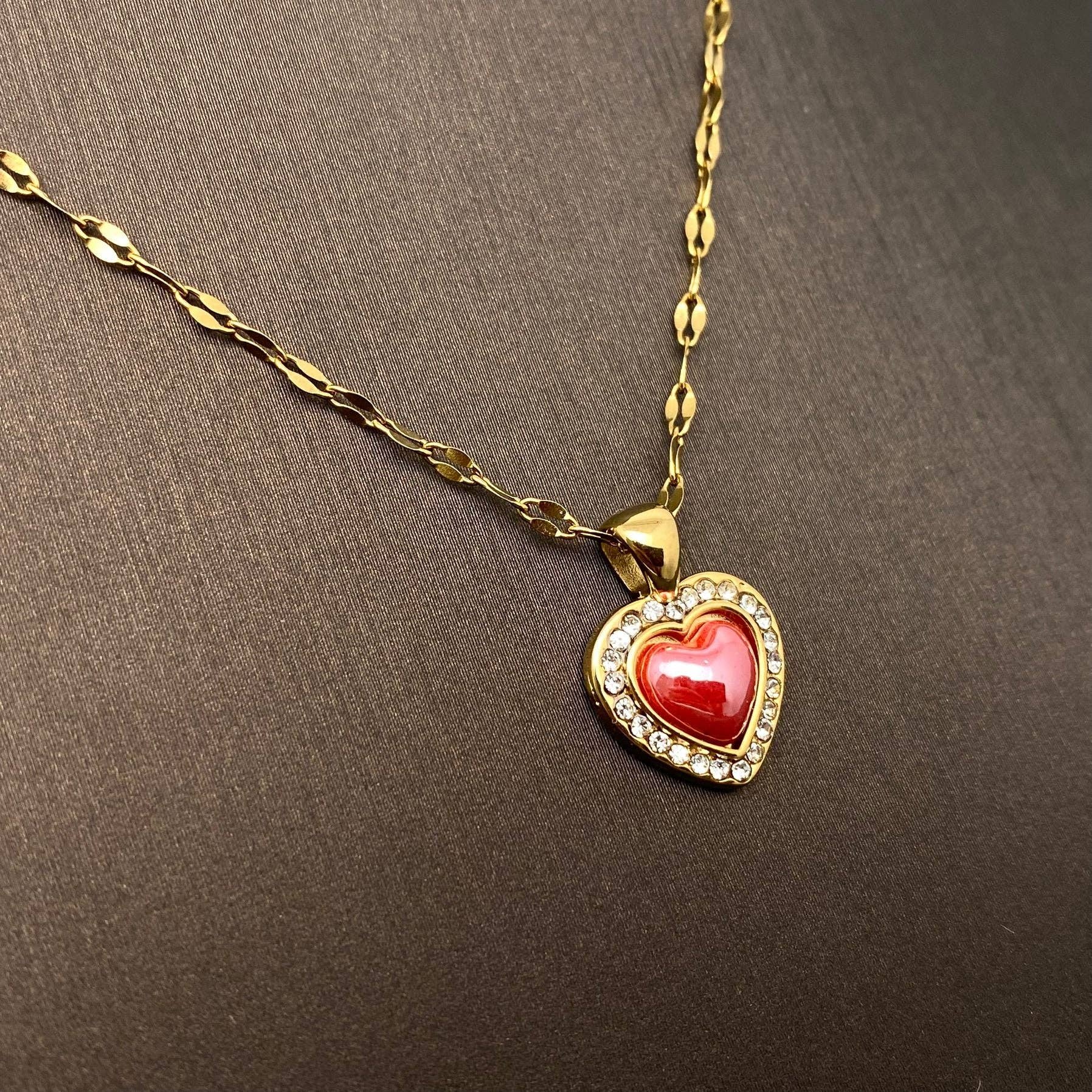 FGS - Enamel Heart 18K Golden Steel charm Inlaid CZ Necklace