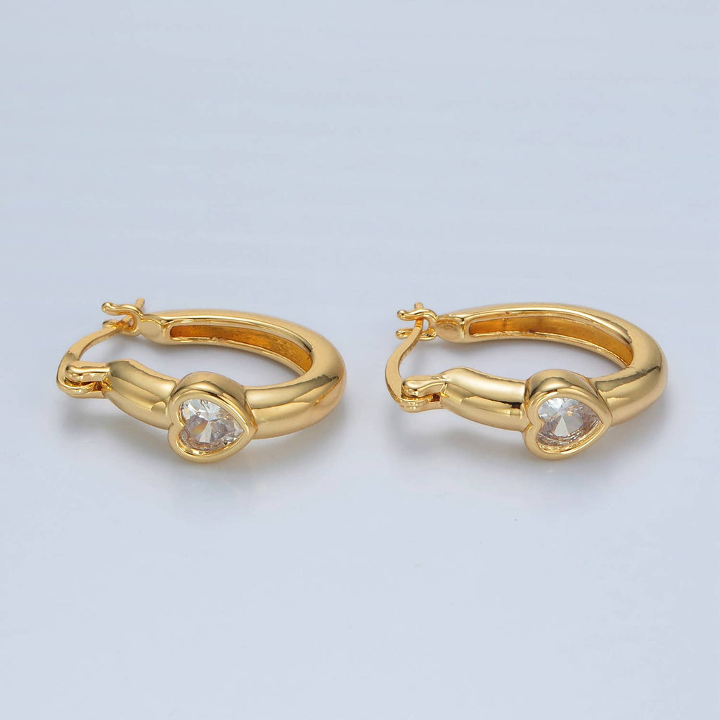 24K Gold Filled Heart CZ Oblong Latch Hoop Earring | AB-1229