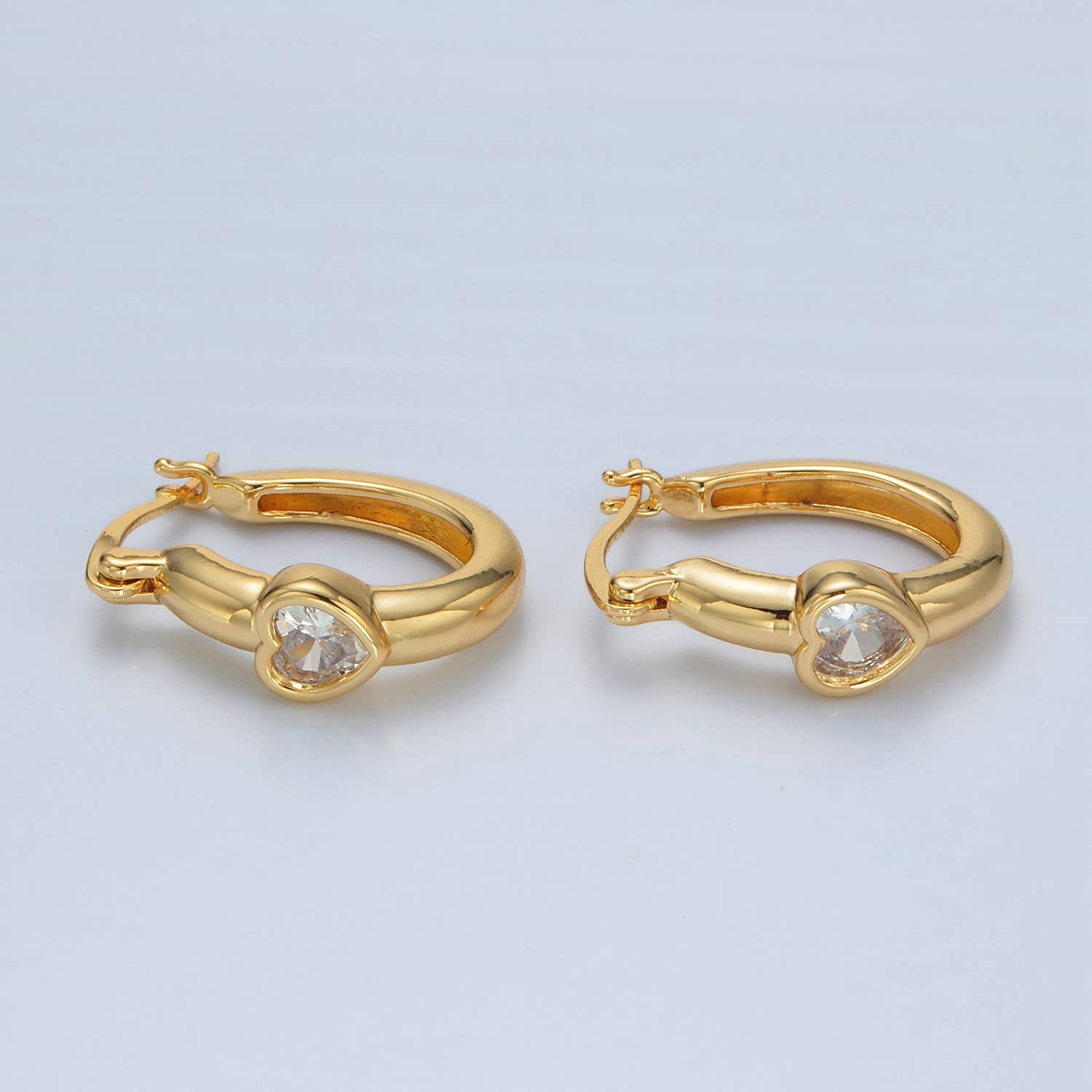 24K Gold Filled Heart CZ Oblong Latch Hoop Earring | AB-1229