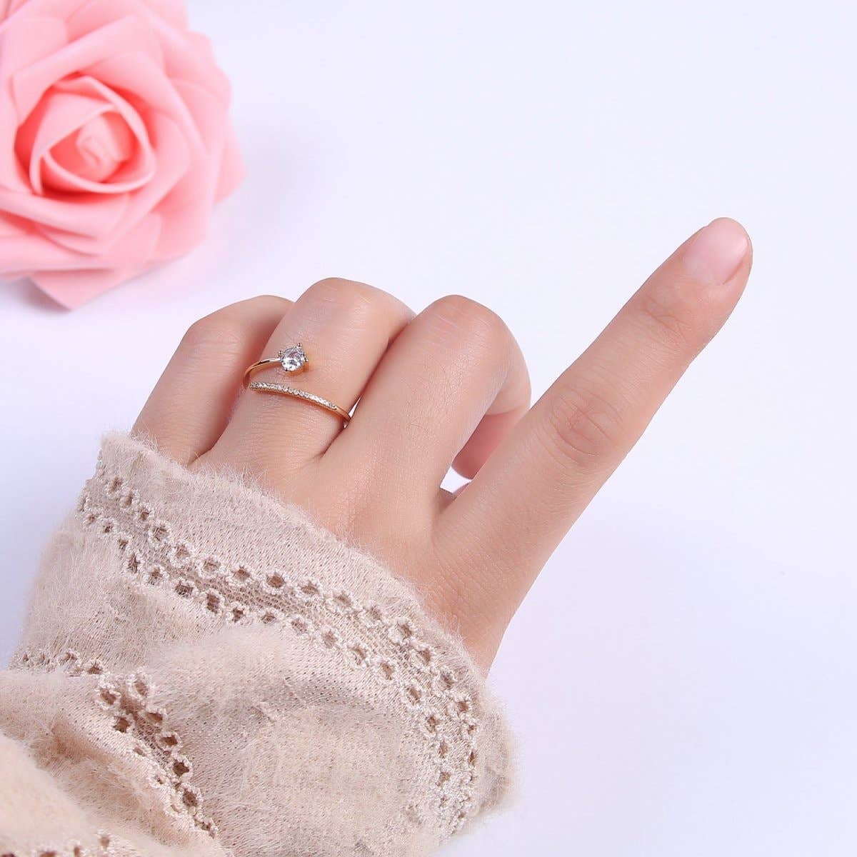 Dainty Crystal Zirconia CZ Stone Open Ring, Minimalist 16K Gold Filled Promise Ring, Adjustable Open Stacking Ring For Valentine Anniversary | U-422