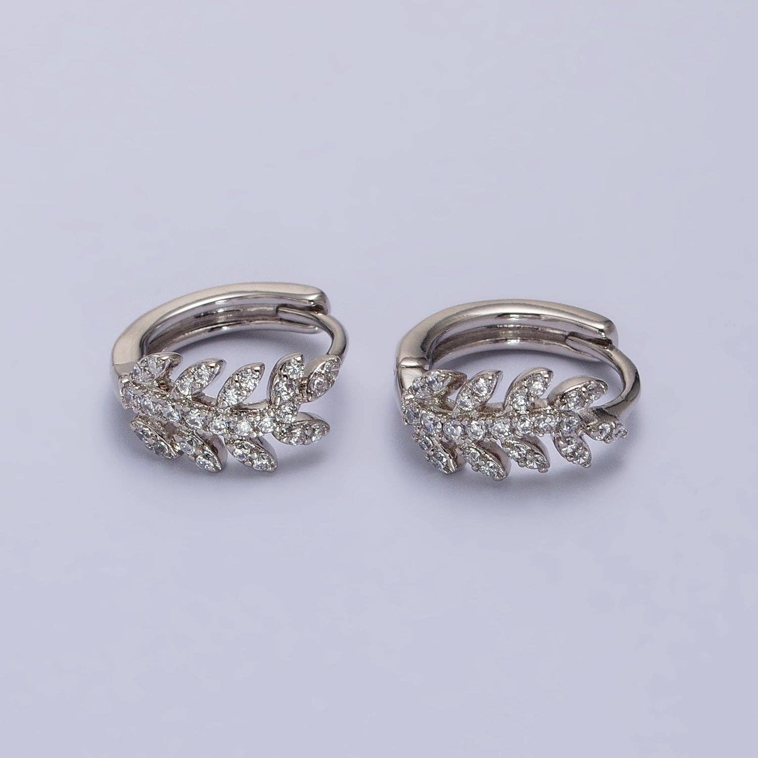 Dainty White Gold Filled CZ Leaf, Olive Leaf Huggies Earring