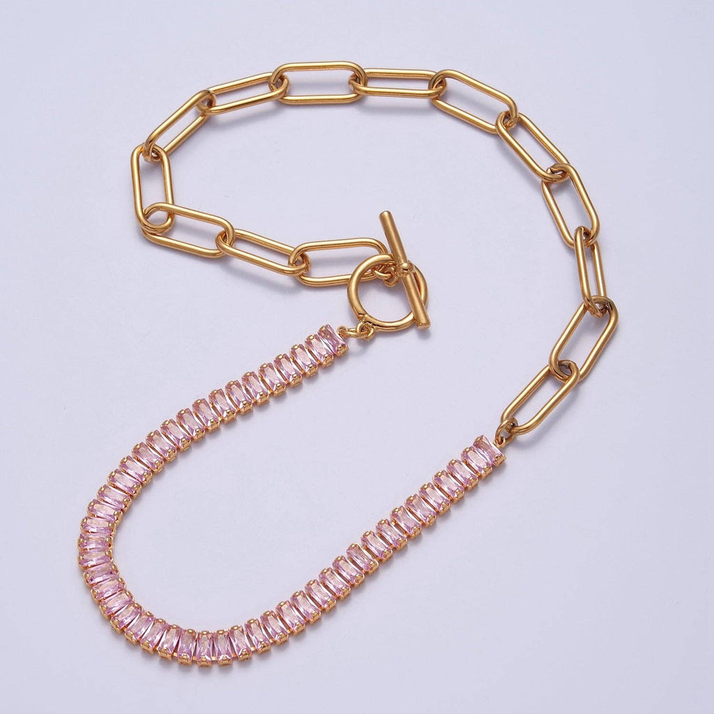Fusion Necklace Half Baguette Tennis Chain, Half Paper Clip Chain, Statement 24K Gold Filled Necklace with Toggle WA-945