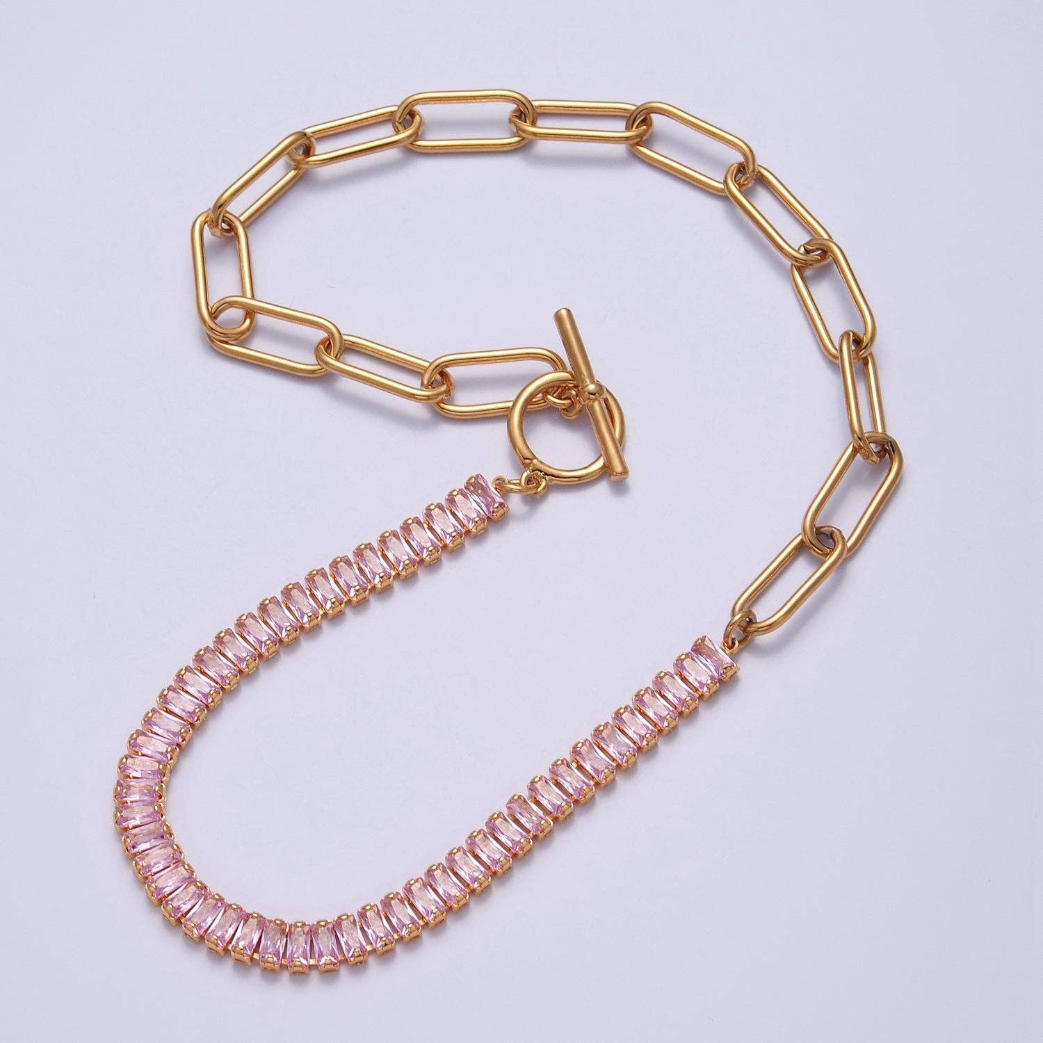 Fusion Necklace Half Baguette Tennis Chain, Half Paper Clip Chain, Statement 24K Gold Filled Necklace with Toggle WA-945