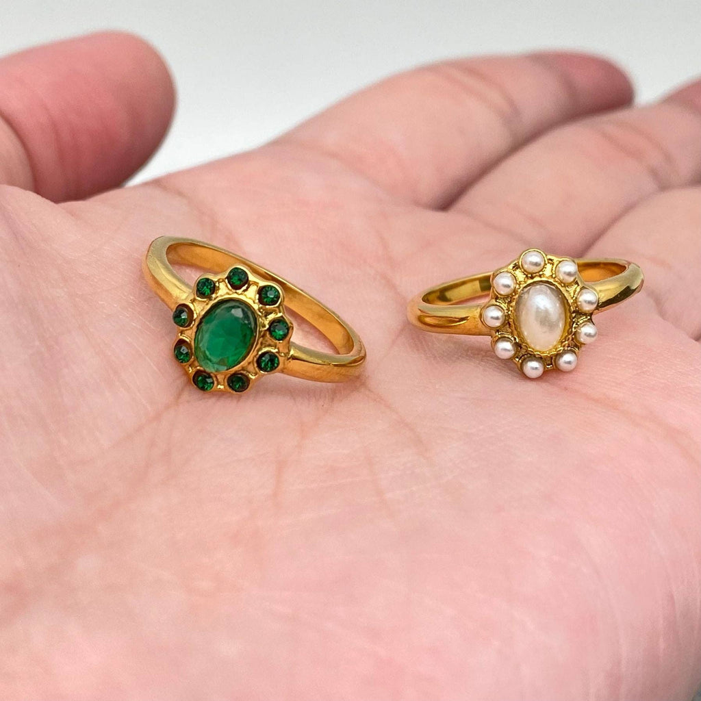 Vintage Inlaid CZ & Pearl 18K Gold Plated SS Ring - FGS