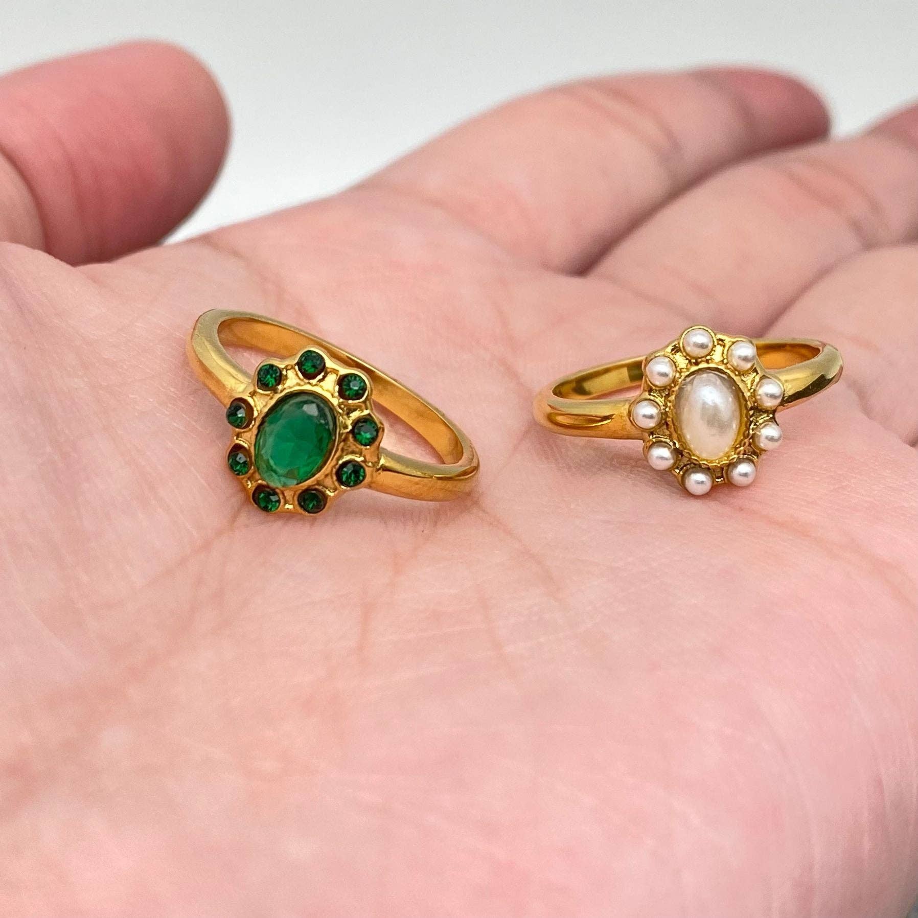 Vintage Inlaid CZ & Pearl 18K Gold Plated SS Ring - FGS