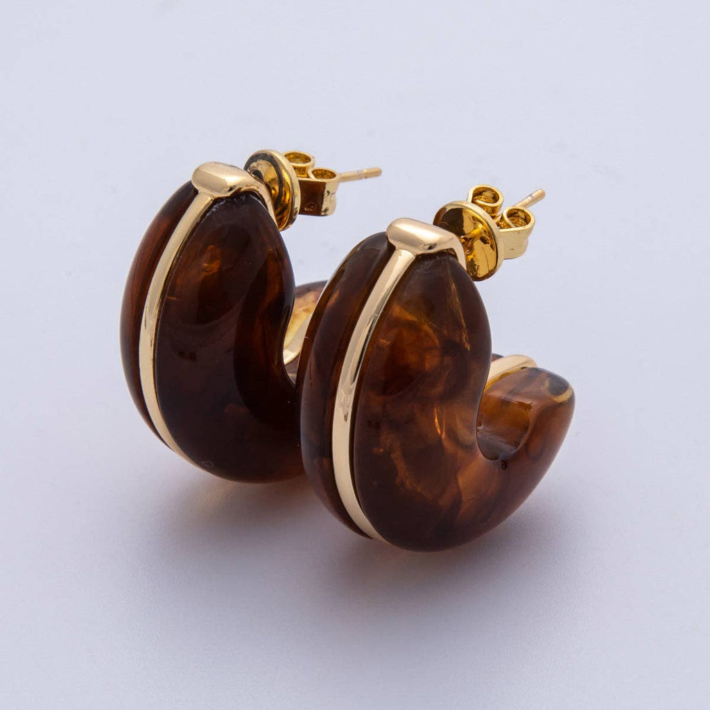 18K Gold Filled 25mm White, Blue, Black, Red, Beige, Brown Resin Chubby C-Shaped Hoop Earrings | Earrings-00154 ~ Earrings-00159