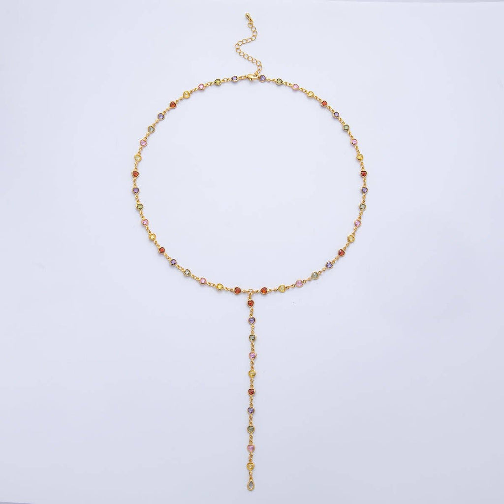 18K Gold Filled 4.6mm Multicolor CZ Bezel Heart Lariat Chain 18 Inch Necklace | WA-3967