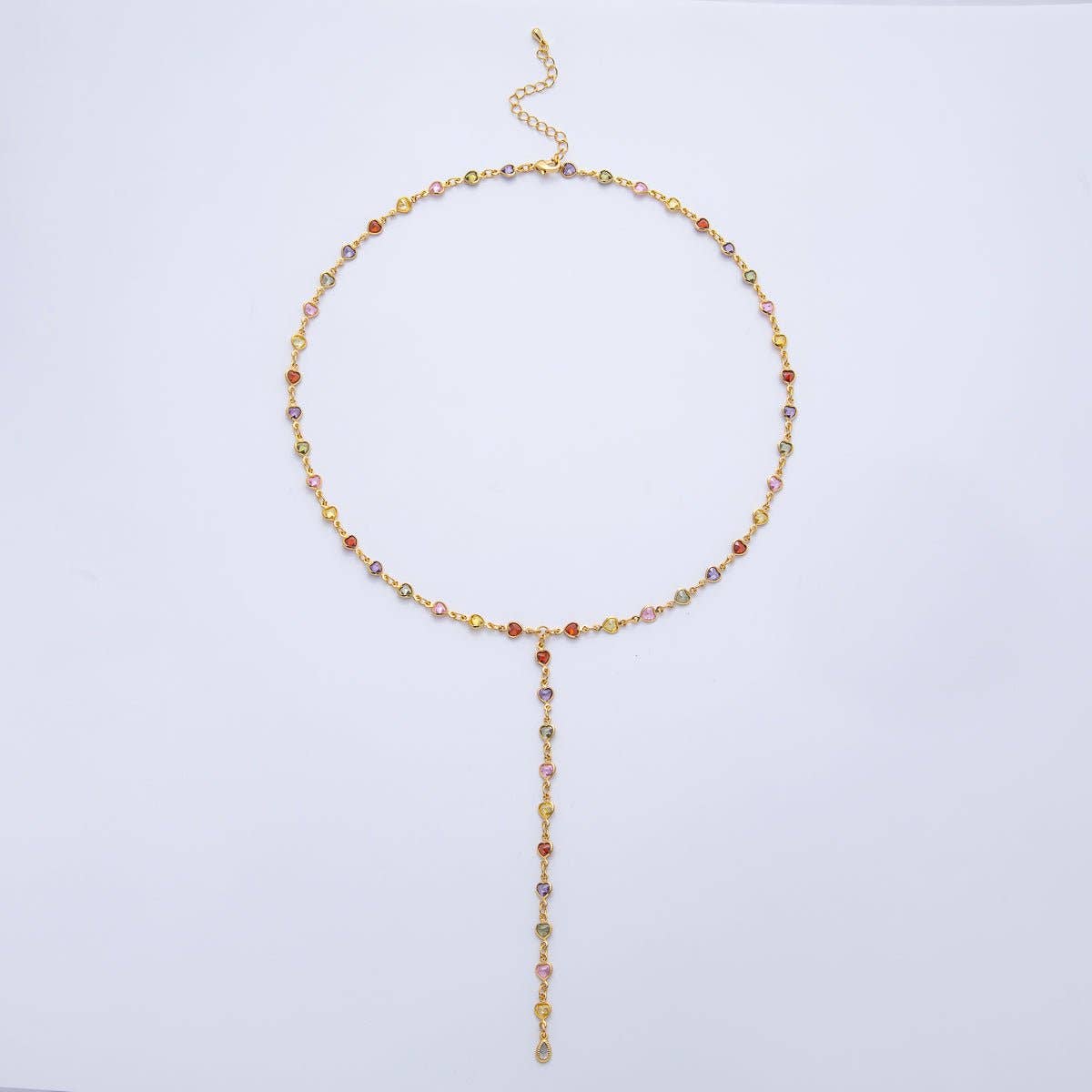 18K Gold Filled 4.6mm Multicolor CZ Bezel Heart Lariat Chain 18 Inch Necklace | WA-3967