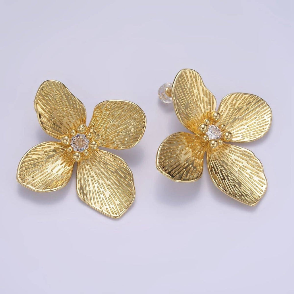 14K Gold Filled 40mm Clear CZ Line-Textured Flower Stud Earrings in Gold & Mixed Metal | P-507 P-504