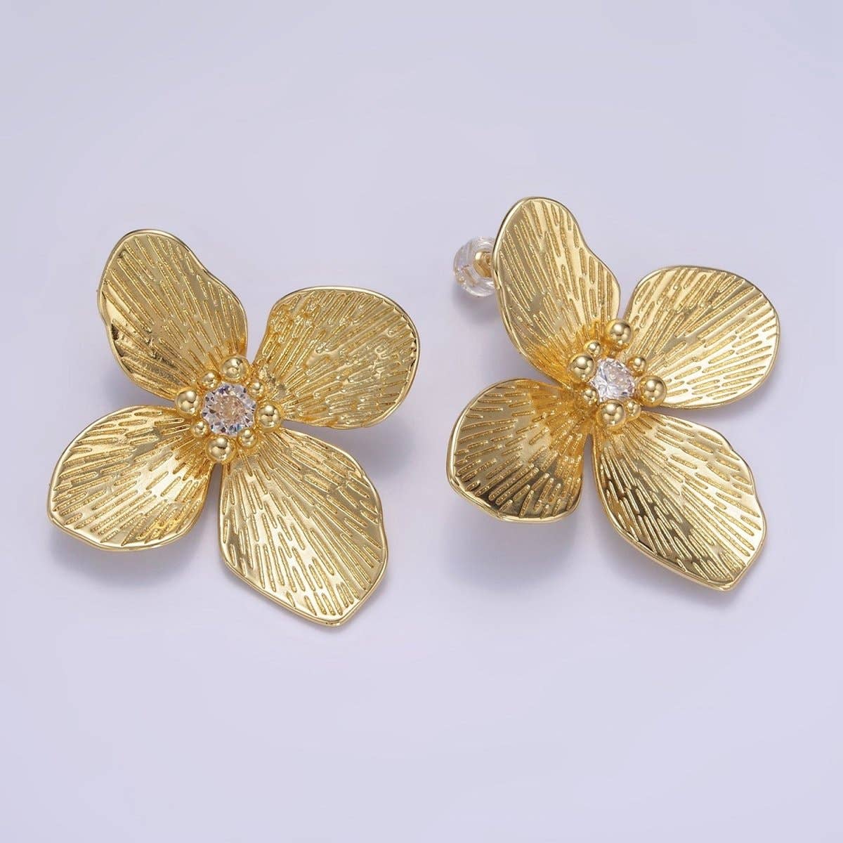 14K Gold Filled 40mm Clear CZ Line-Textured Flower Stud Earrings in Gold & Mixed Metal | P-507 P-504