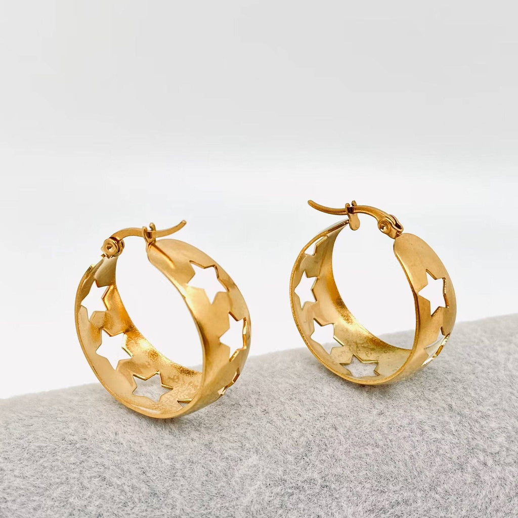 Hollow Stars Gold Plated Stainless Steel Hoop Earrings - FGS