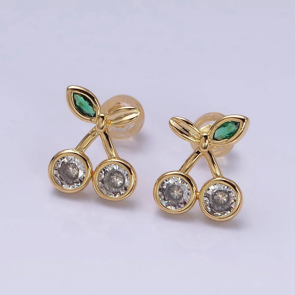 Gold Filled Clear CZ Cherry Fruit Green Leaf Stud Earrings