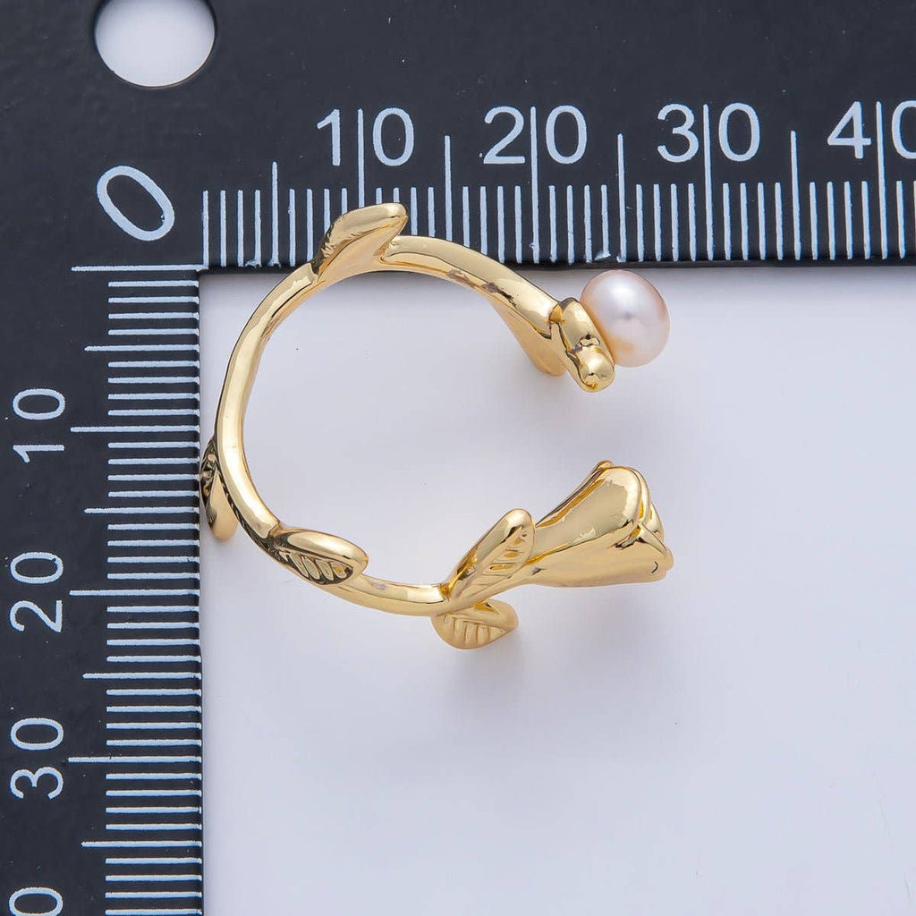 18K Gold Filled White, Pink Shell Pearl Rose Flower Leaf Wrap Ring | O799