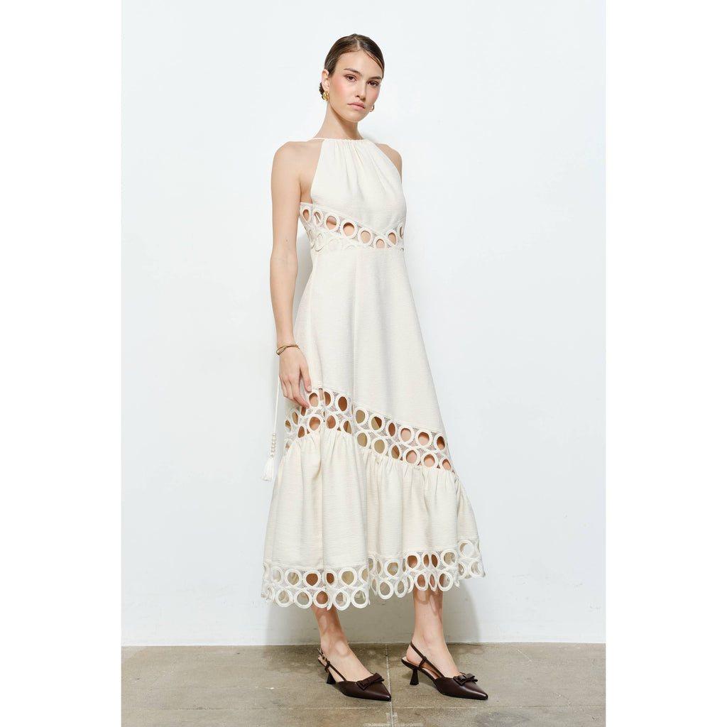 Chic Textured Lace Halter Tassel Draped Midi Dress