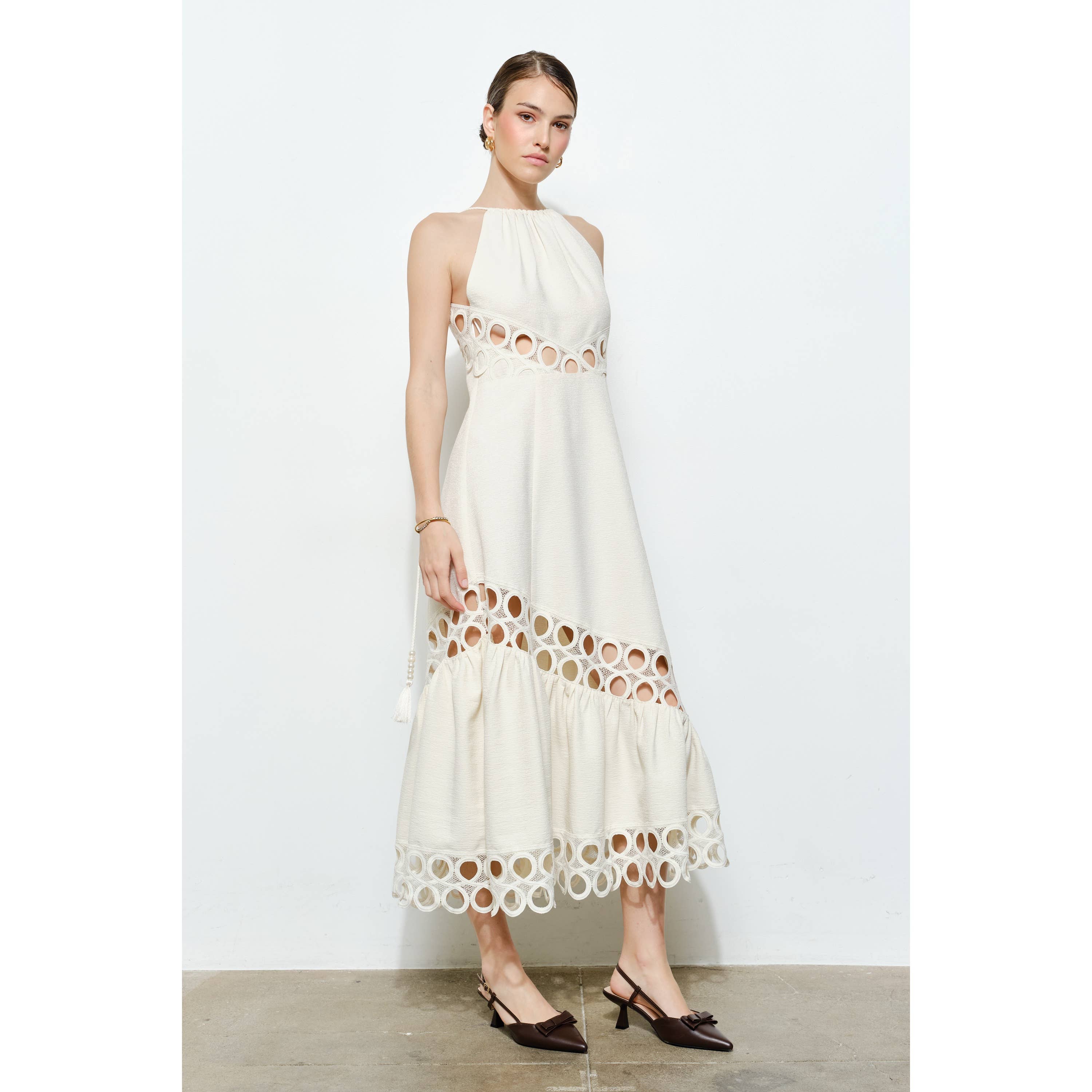 Chic Textured Lace Halter Tassel Draped Midi Dress