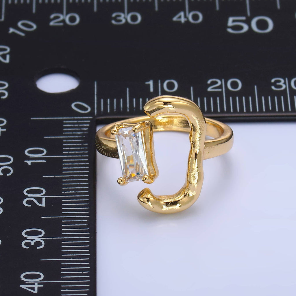 Dainty Gold Hammered C Ring with Emerald Cut CZ Stone