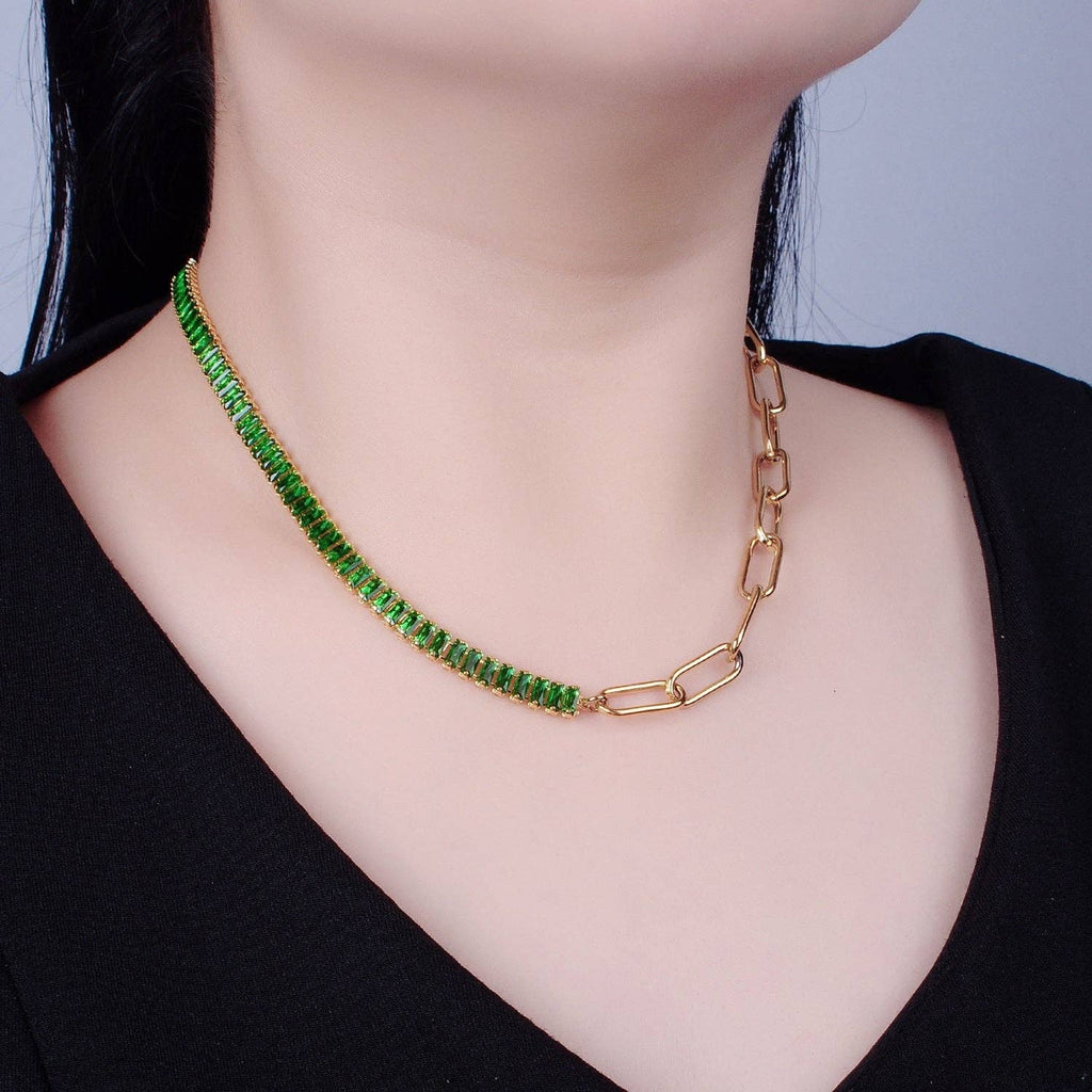 Fusion Necklace Half Baguette Tennis Chain, Half Paper Clip Chain, Statement 24K Gold Filled Necklace with Toggle WA-945
