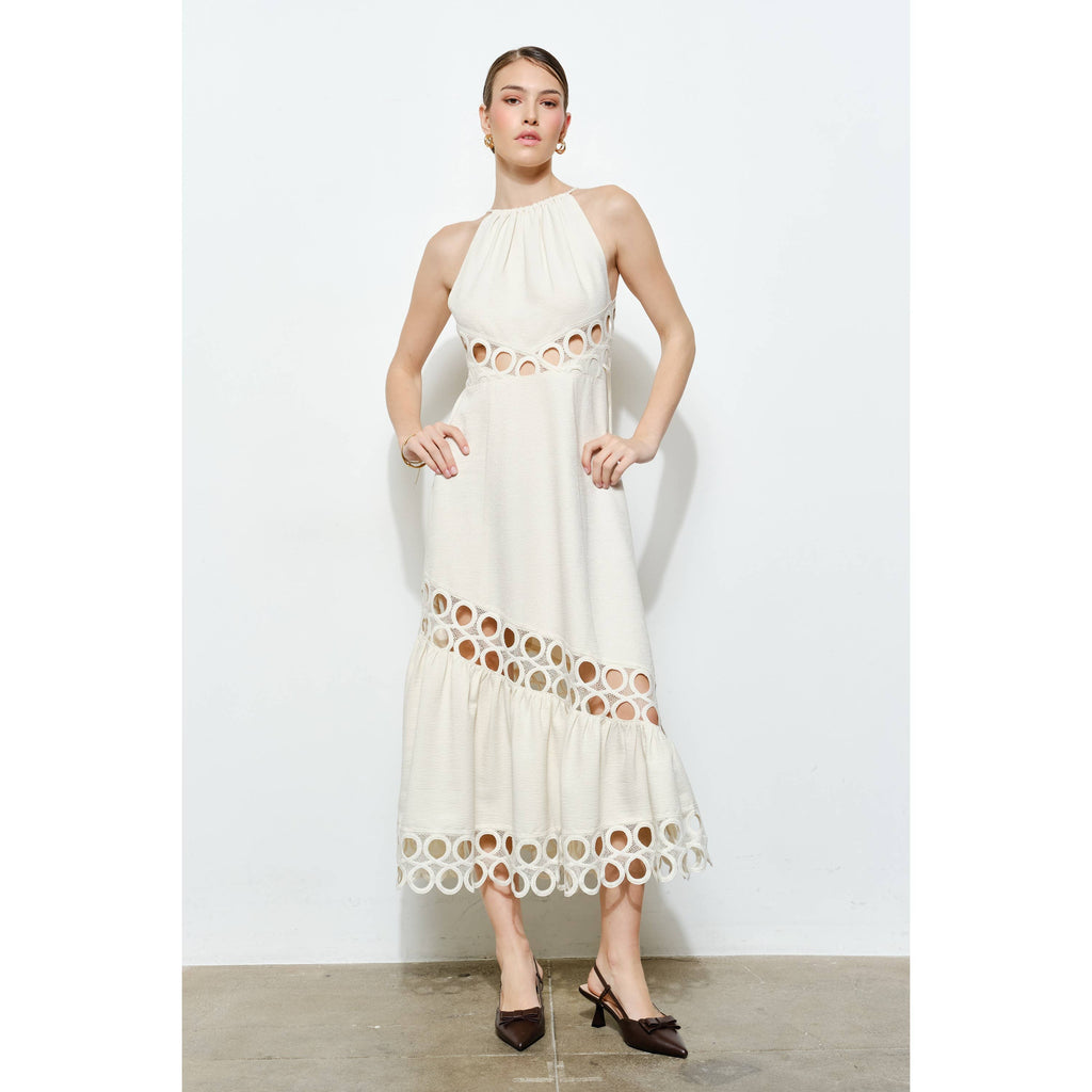 Chic Textured Lace Halter Tassel Draped Midi Dress