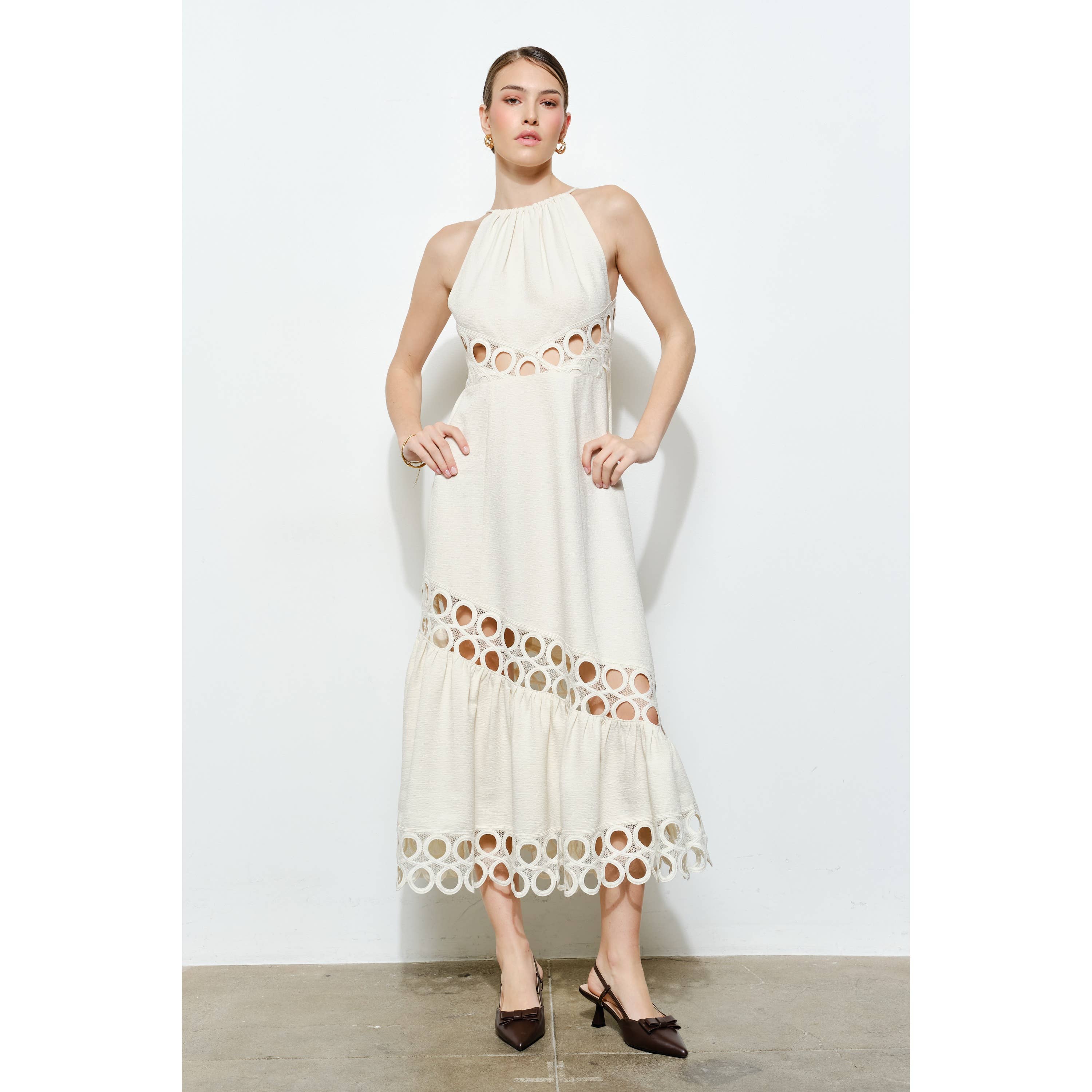 Chic Textured Lace Halter Tassel Draped Midi Dress