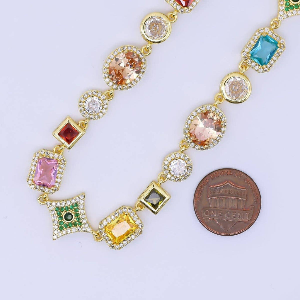 24K Gold Filled Multicolor Geometric Cluster CZ Micro Paved 18 Inch Necklace | WA-1285