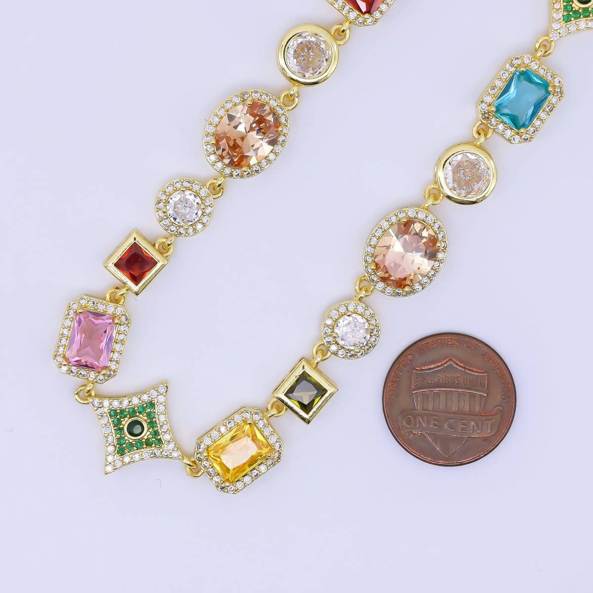 24K Gold Filled Multicolor Geometric Cluster CZ Micro Paved 18 Inch Necklace | WA-1285