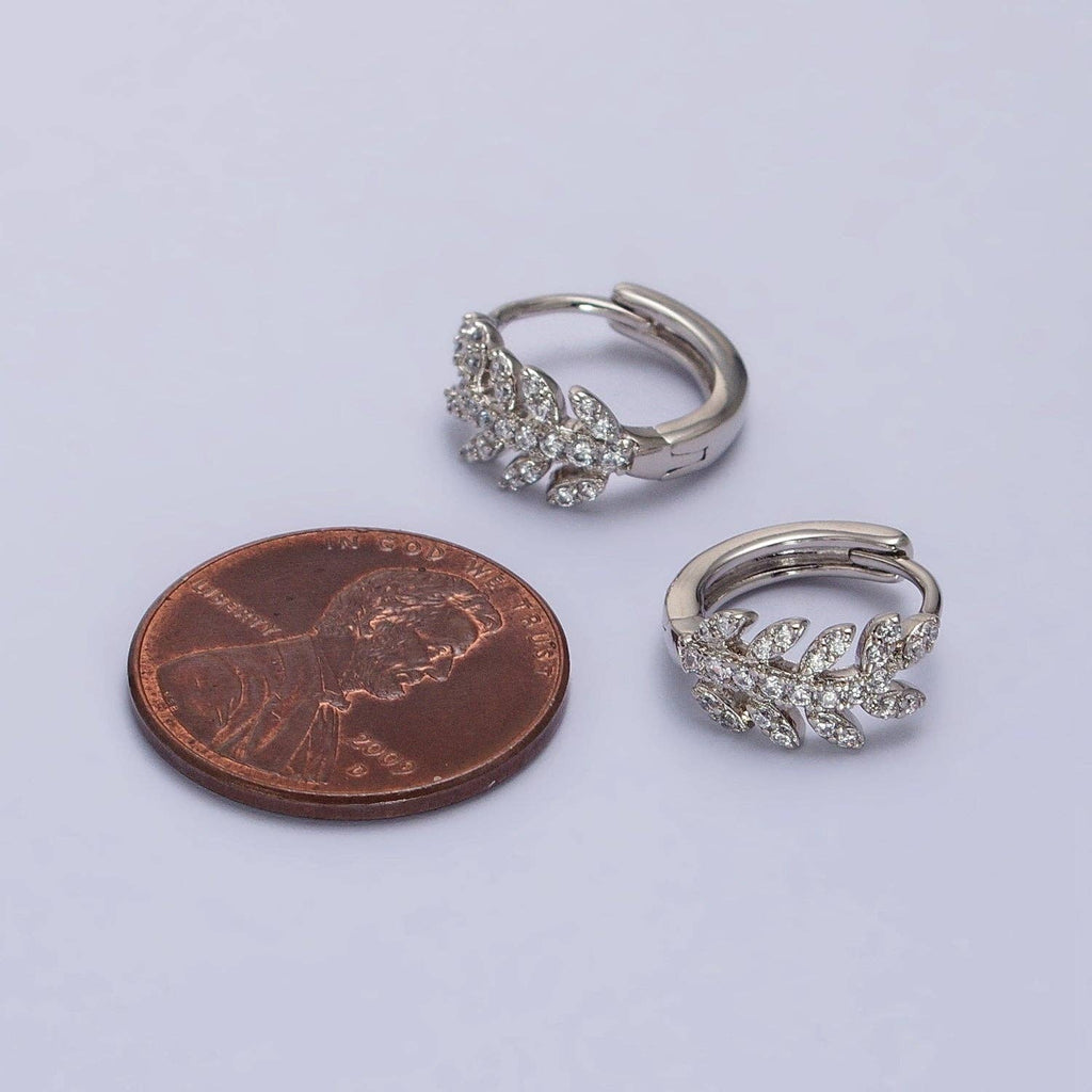 Dainty White Gold Filled CZ Leaf, Olive Leaf Huggies Earring