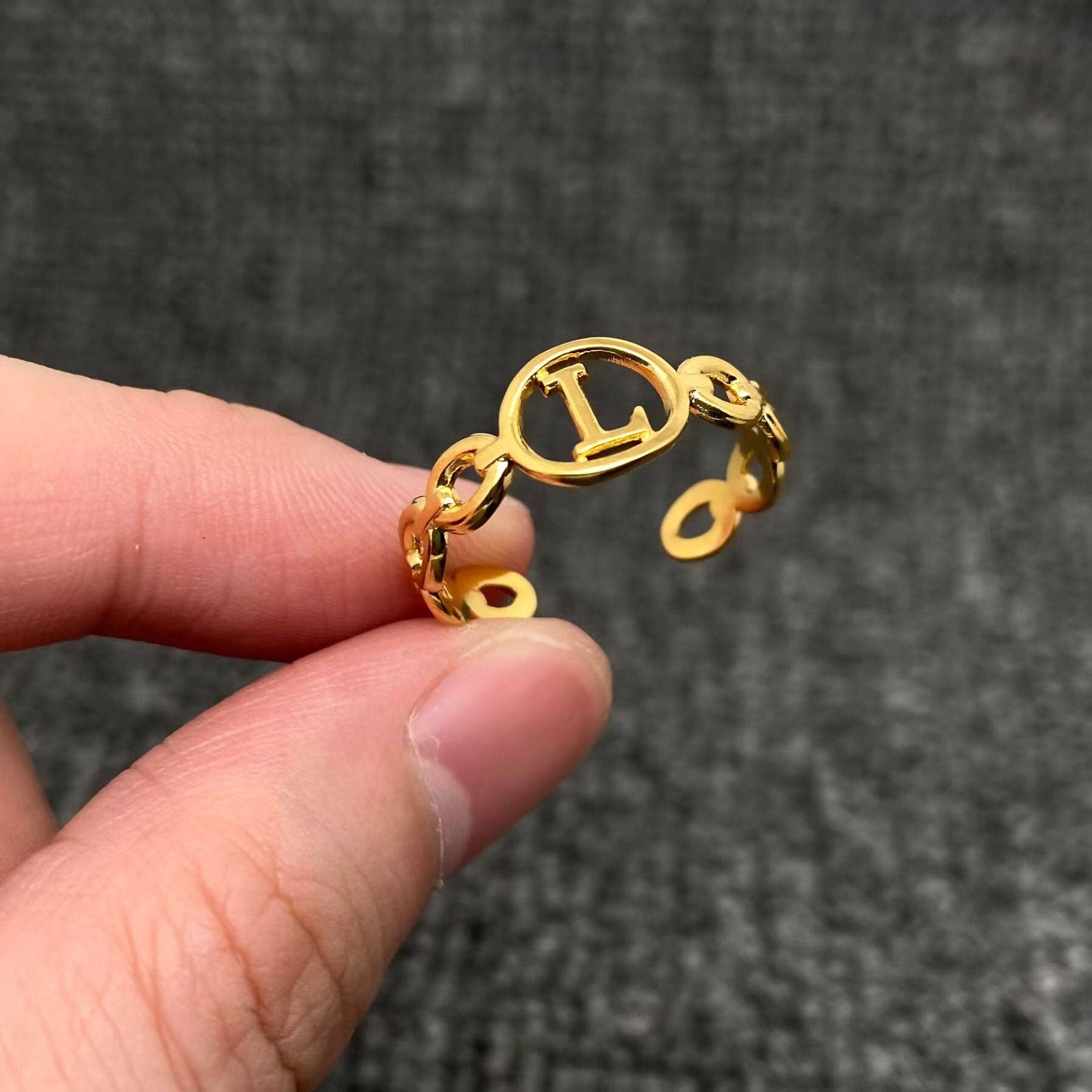 18K Gold Plated Stainless Steel Hollow Initial Rings - FGS